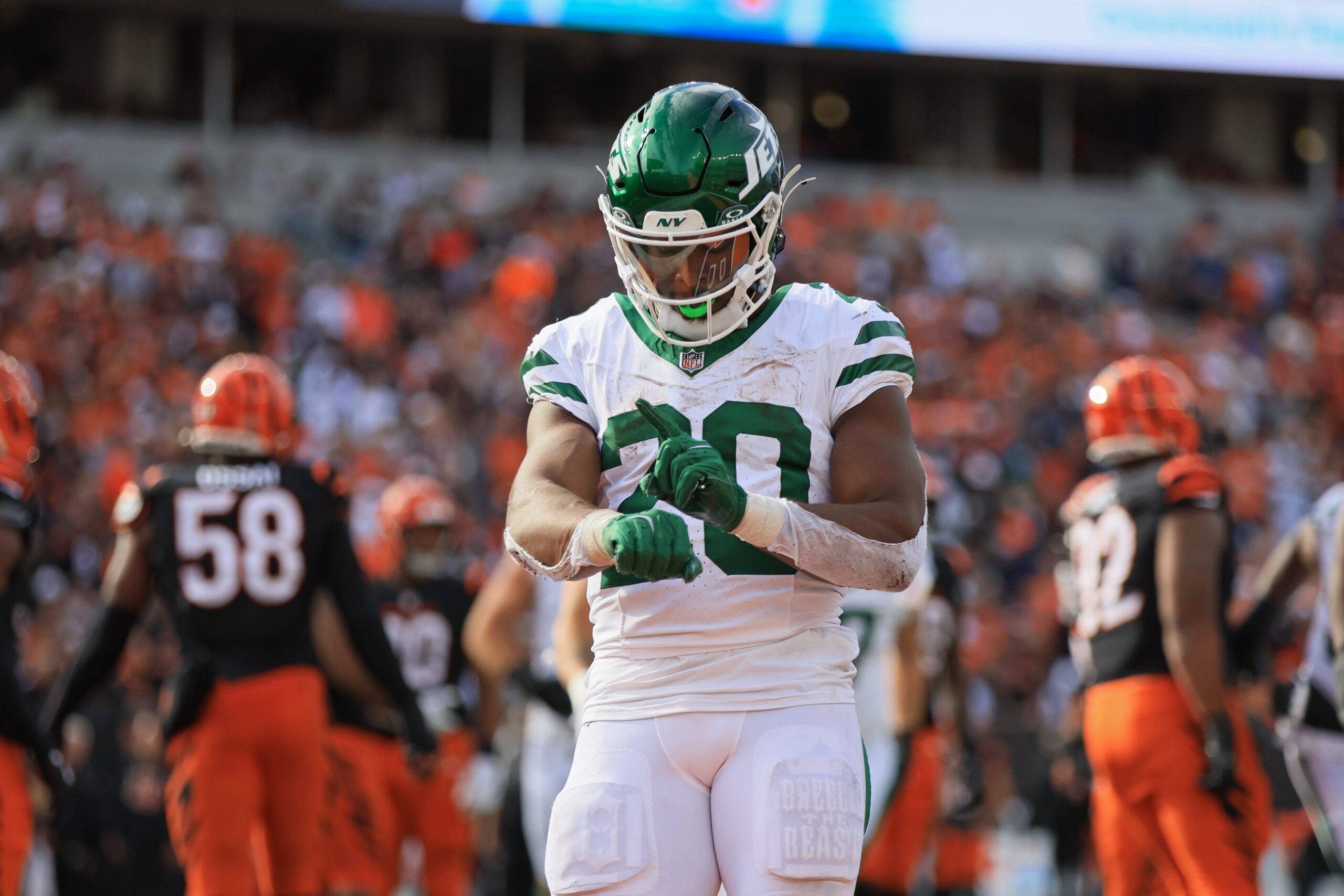 New York Jets running back Breece Hall celebrates during the fourth quarter against the Cincinnati Bengals at Paycor Stadium.