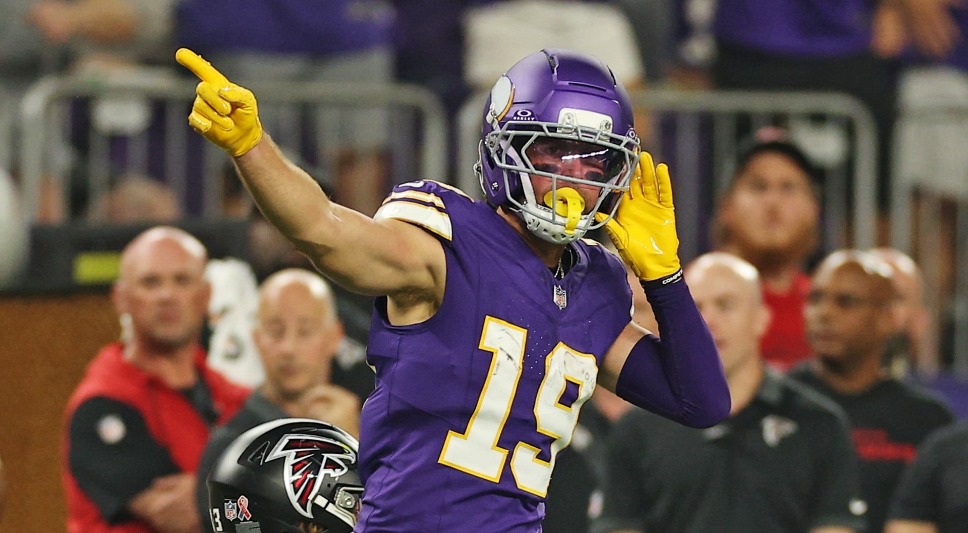 Adam Thielen celebrates a first down against Atlanta.