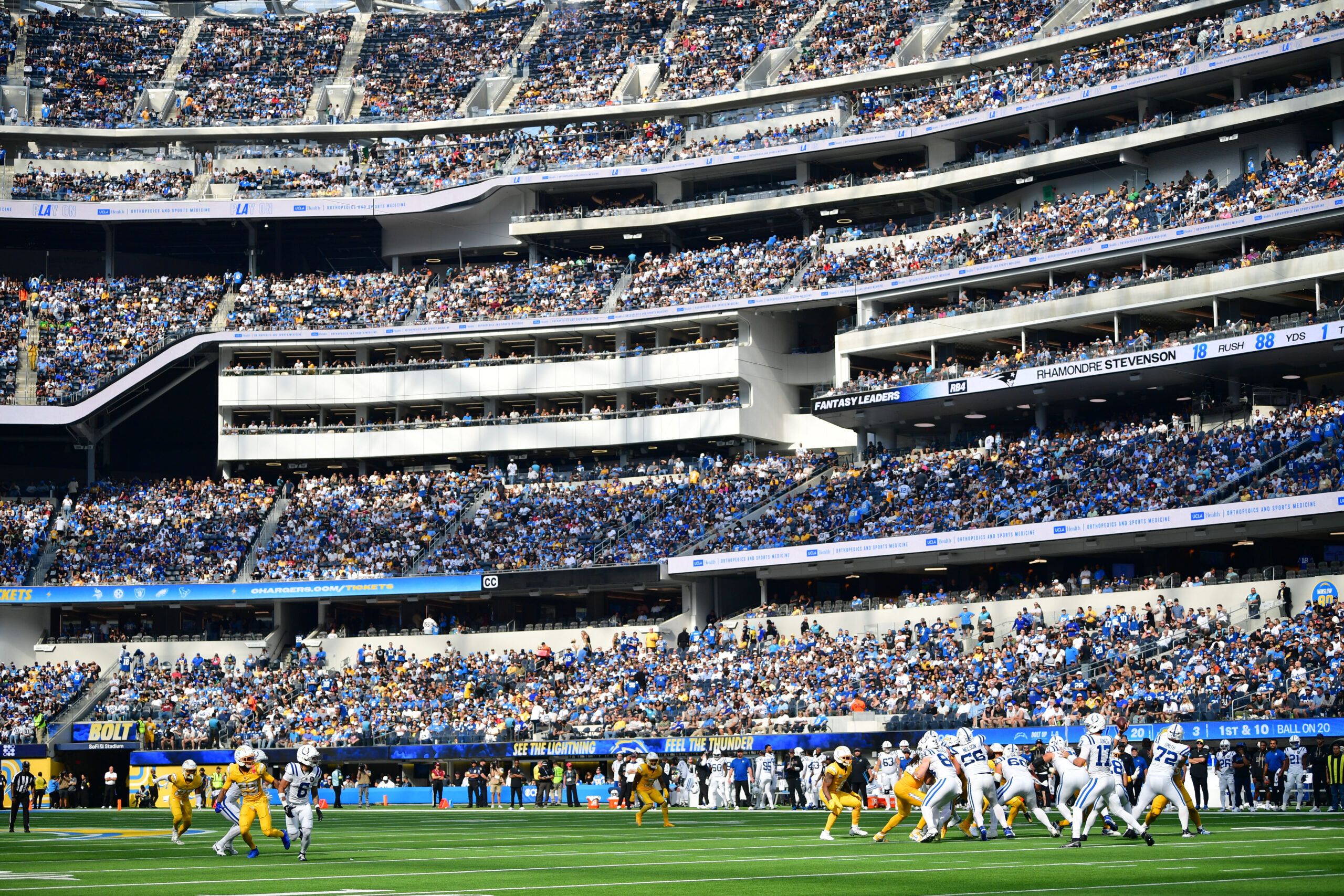 Colts quarterback Daniel Jones throws a pass during the first half of a game against the Los Angeles Chargers at SoFi Stadium.