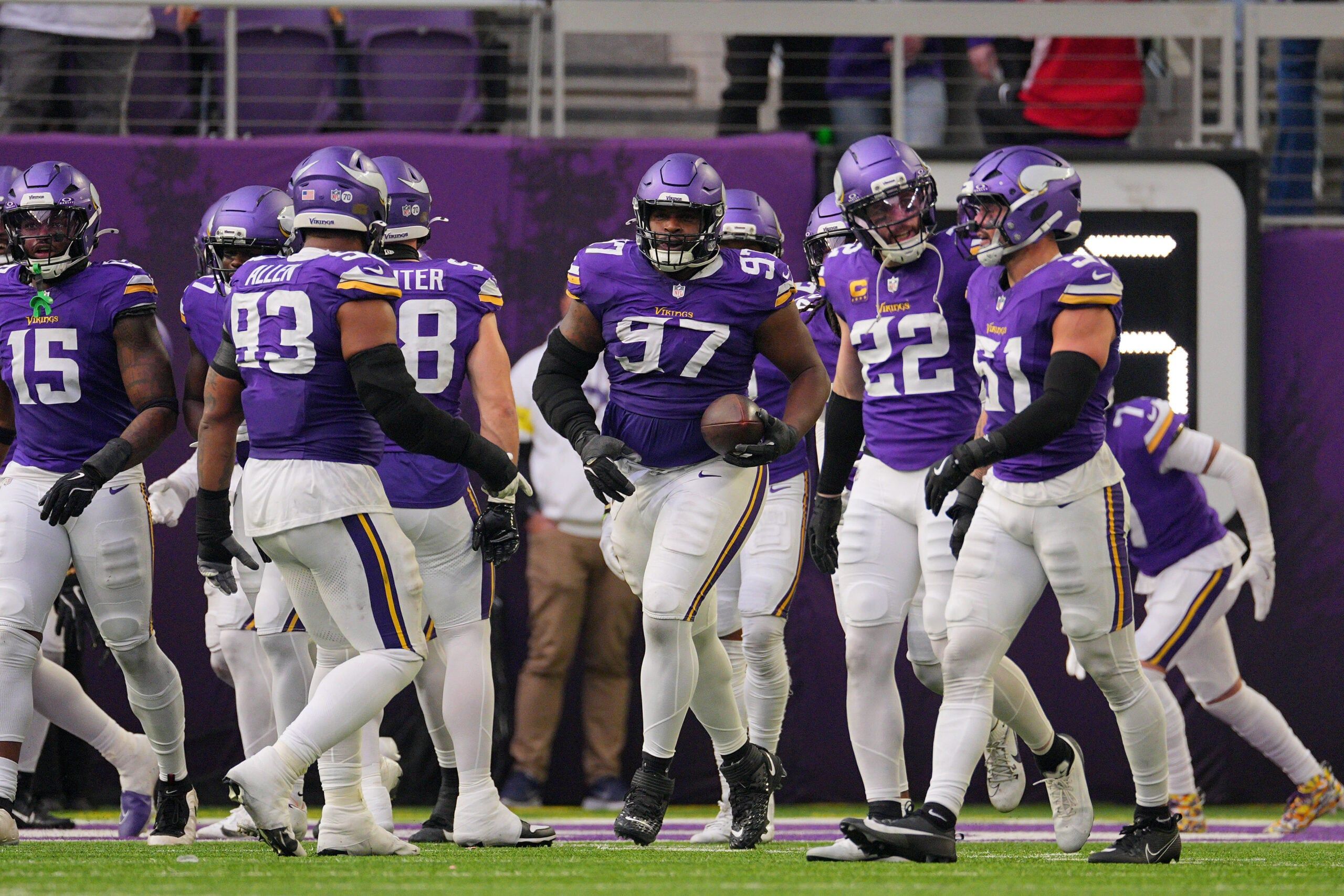 Minnesota Vikings nose tackle Javon Hargrave reacts on the field during a game at U.S. Bank Stadium against Washington