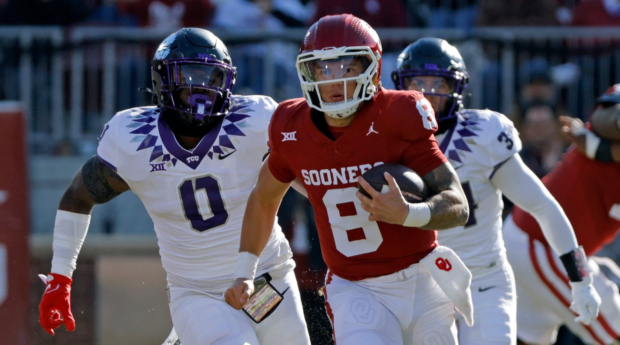 TCU's Shad Banks pursues Oklahome QB Dillon Gabriel
