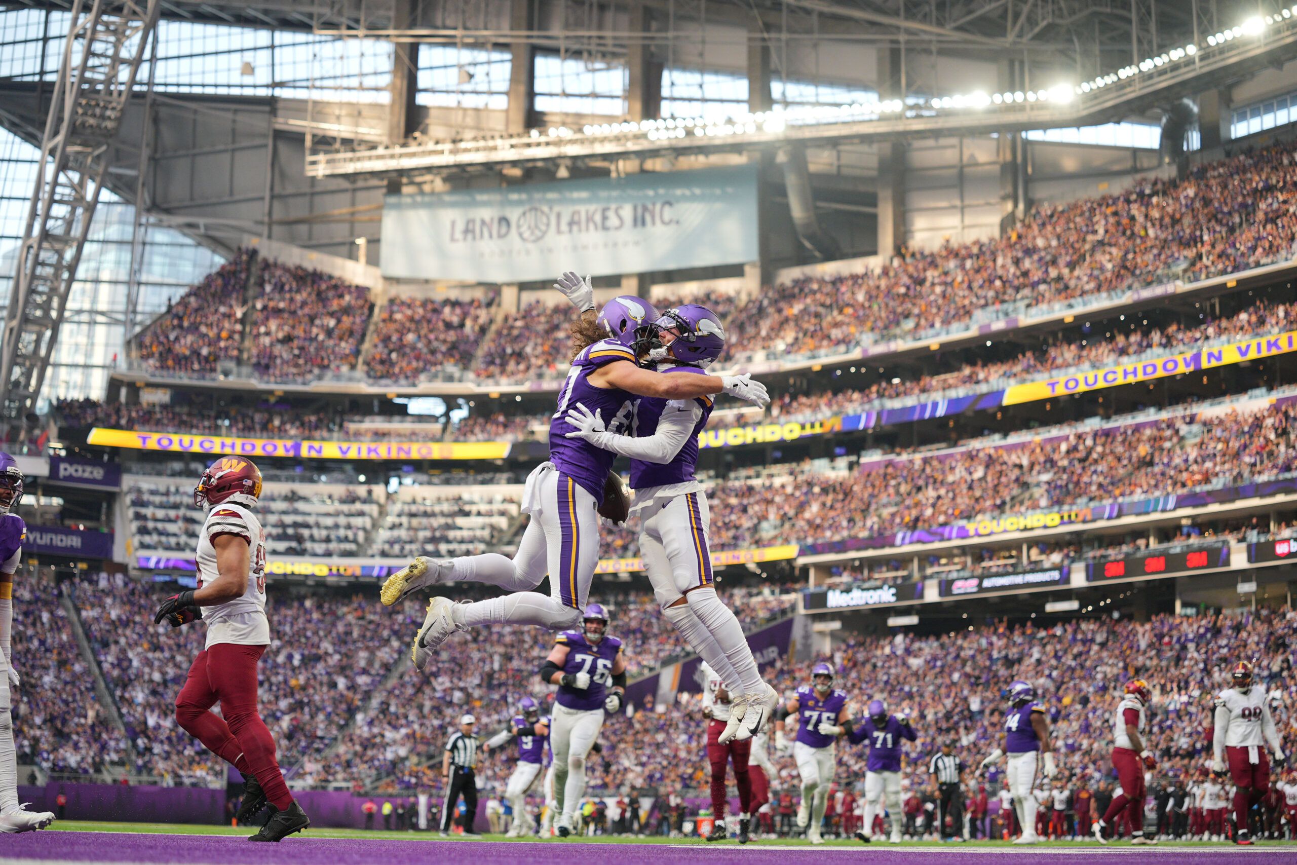 T.J. Hockenson reacts after scoring a touchdown during a Minnesota Vikings home game at U.S. Bank Stadium.