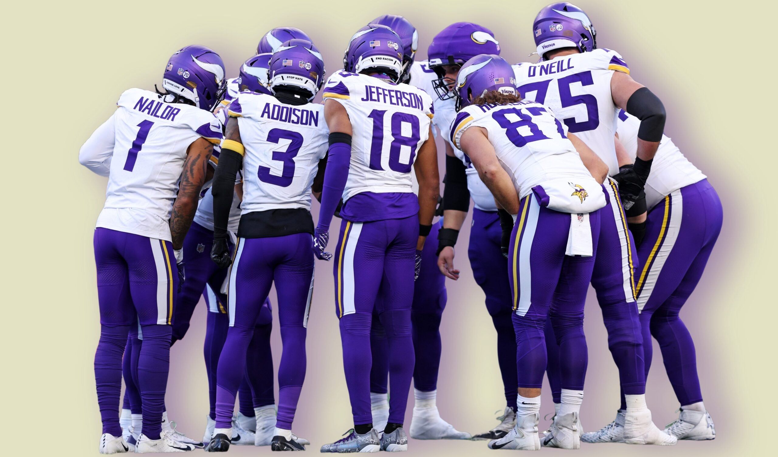 Vikings huddle on the field during a road game against the Seahawks