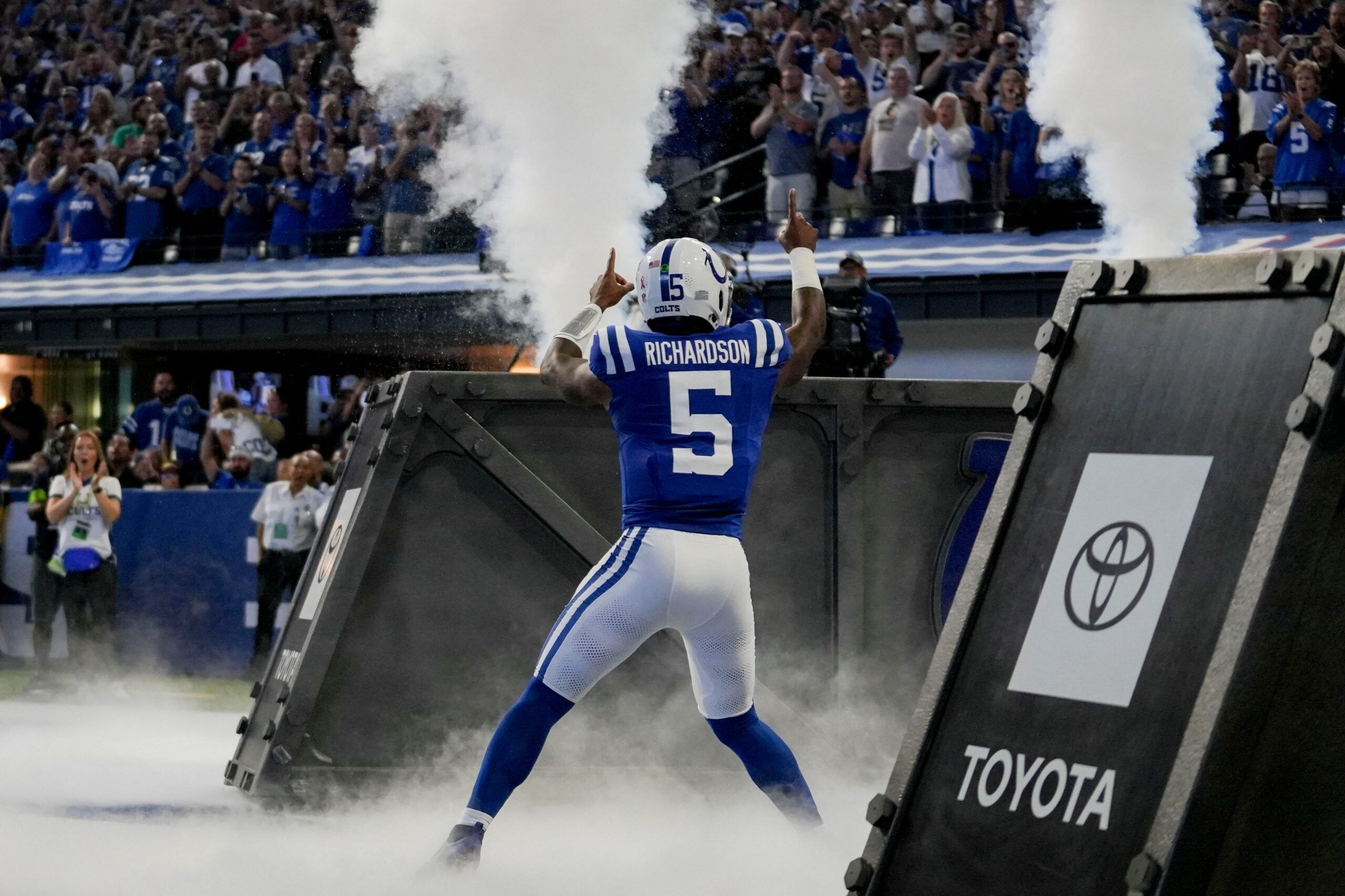 Indianapolis Colts quarterback Anthony Richardson takes the field before kickoff against the Jacksonville Jaguars on Sept. 10, 2023, at Lucas Oil Stadium in Indianapolis, preparing for his regular-season debut as the franchise’s young signal-caller while fans fill the stadium for an AFC South matchup. Mandatory Credit: Jenna Watson-USA TODAY NETWORK.