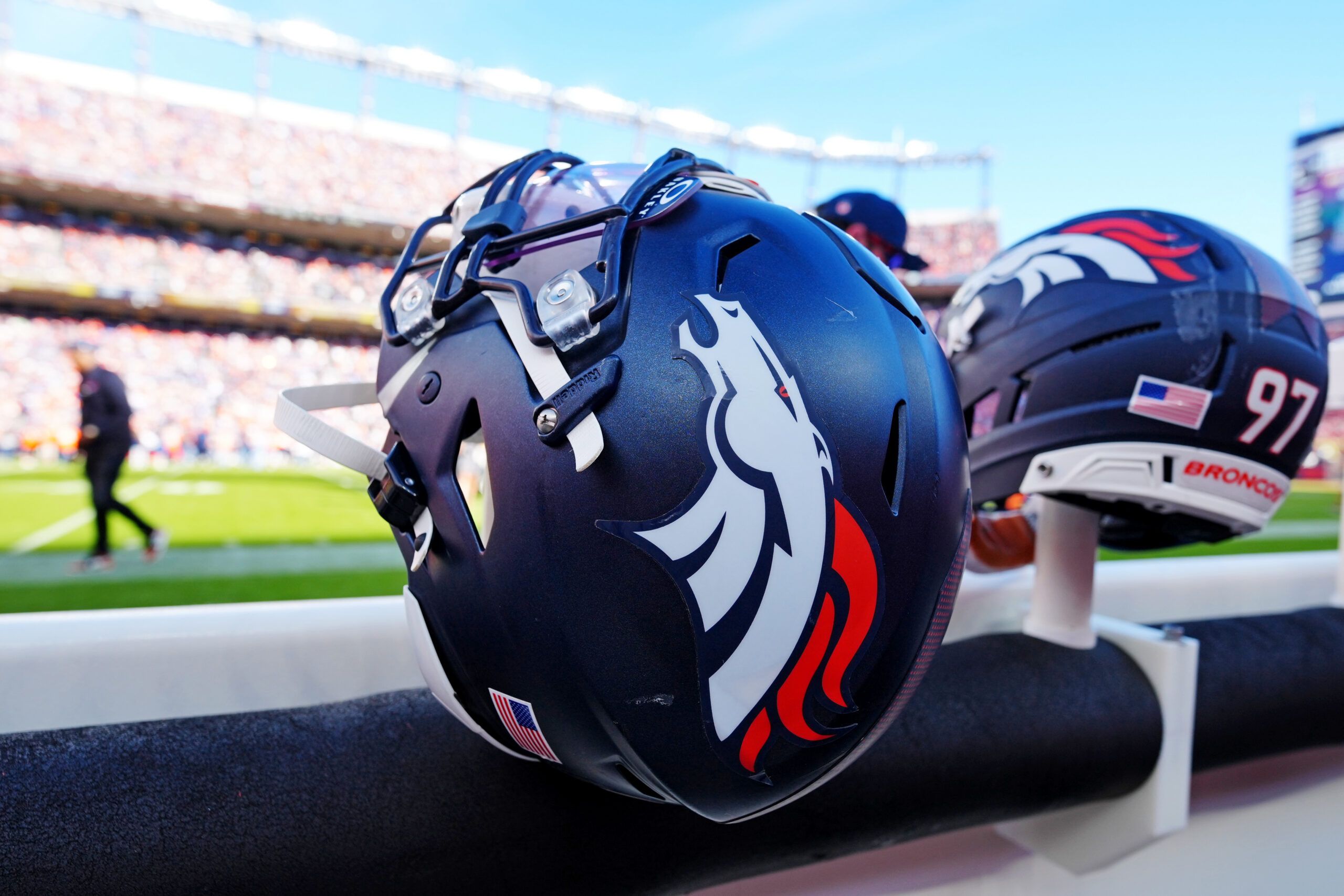 A Denver Broncos helmet in 2025