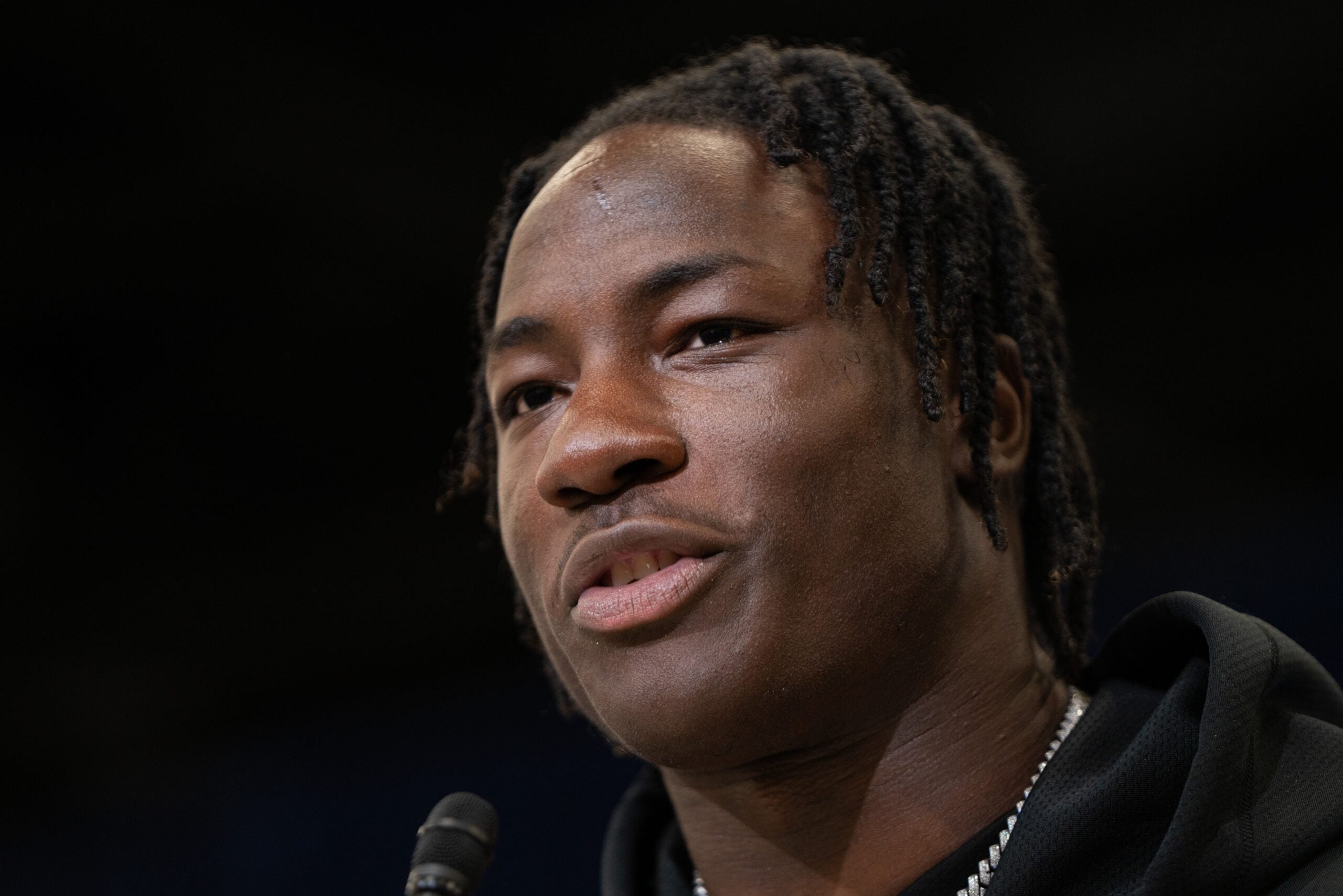 Emmett Johnson speaks to media during NFL Combine availability at the Indiana Convention Center.