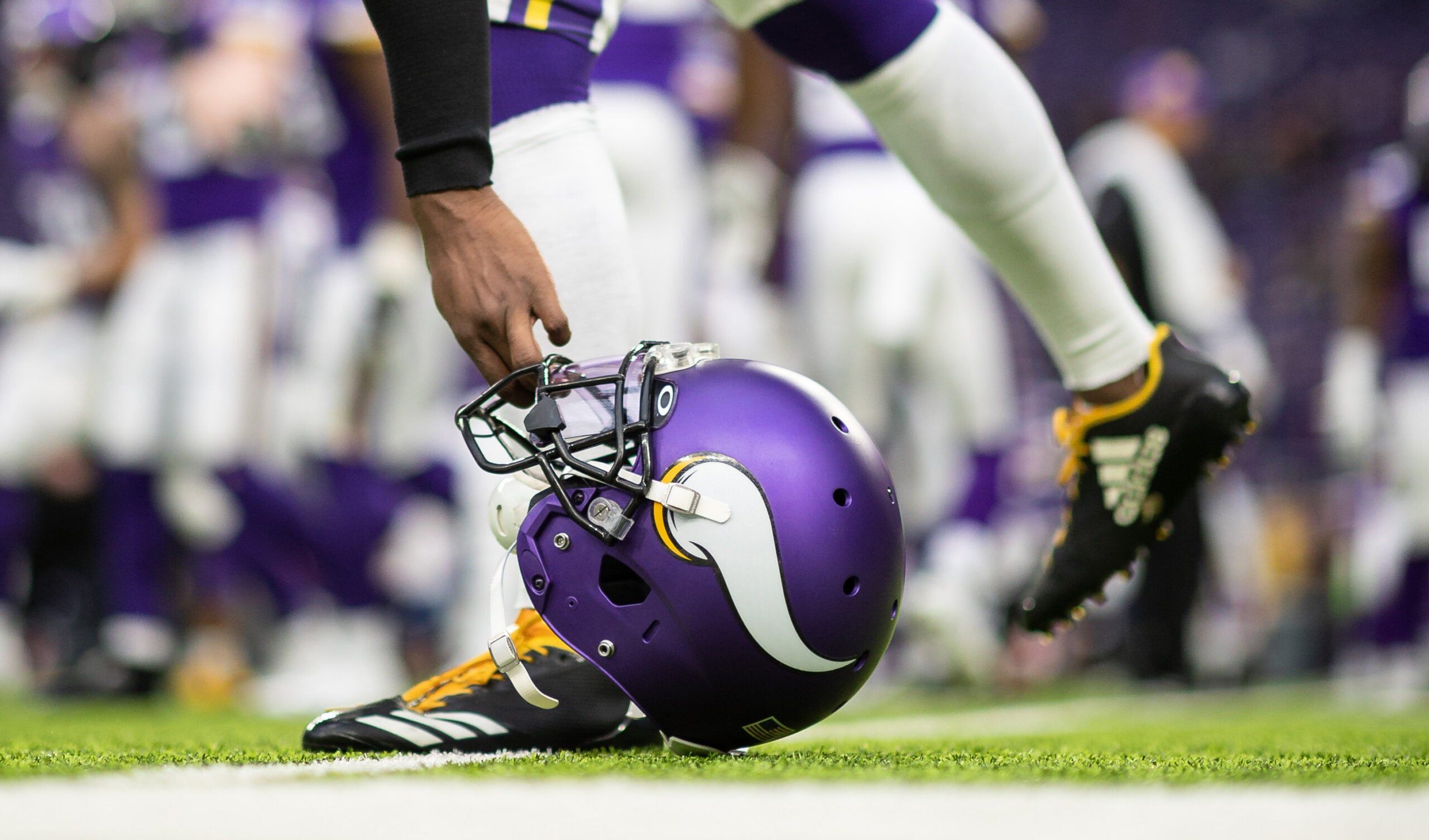 A Vikings helmet before the Vikings game against the Chicago Bears at U.S. Bank Stadium.