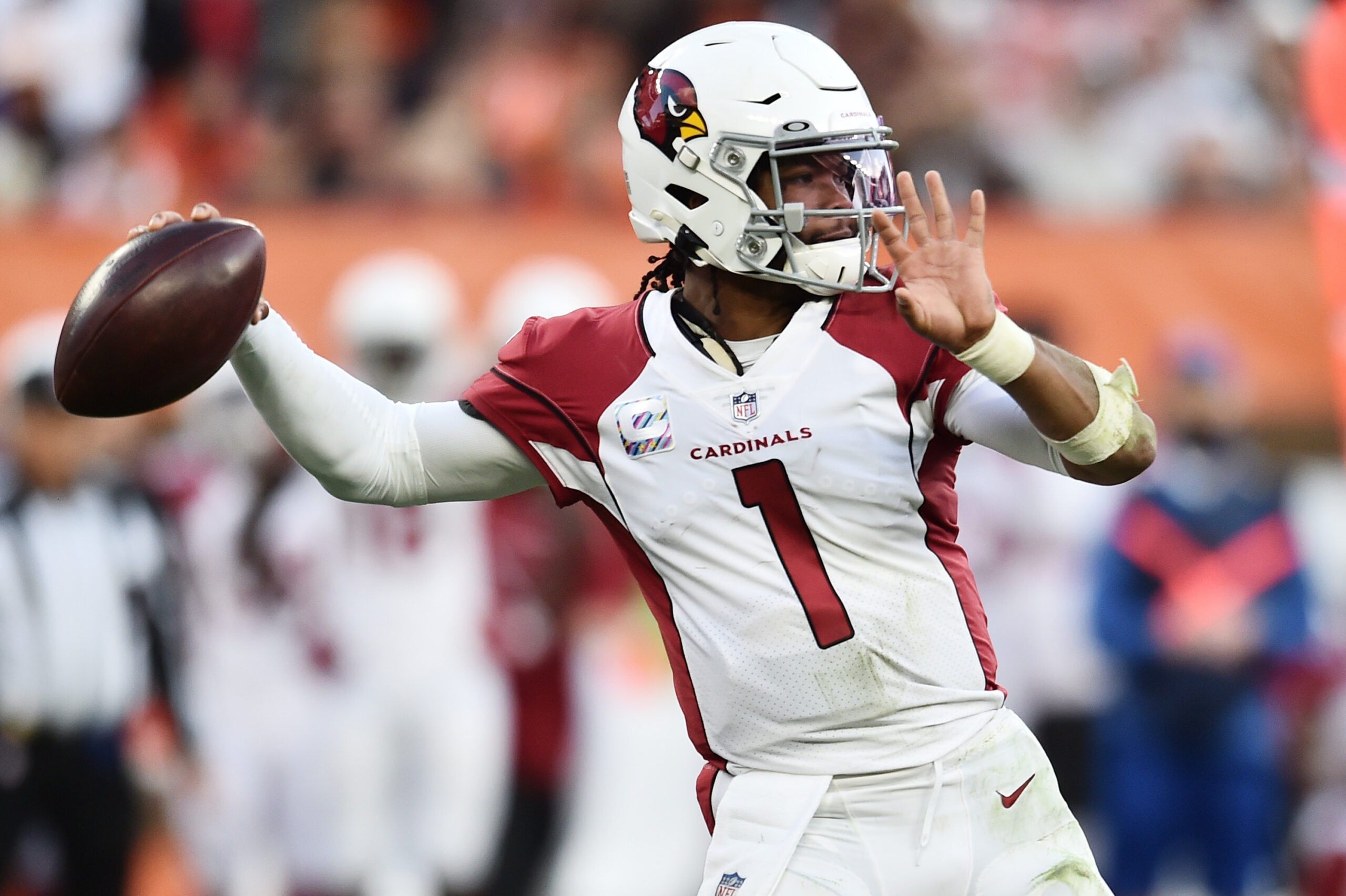 Kyler Murray throws a pass for the Arizona Cardinals during a game against the Cleveland Browns at FirstEnergy Stadium.