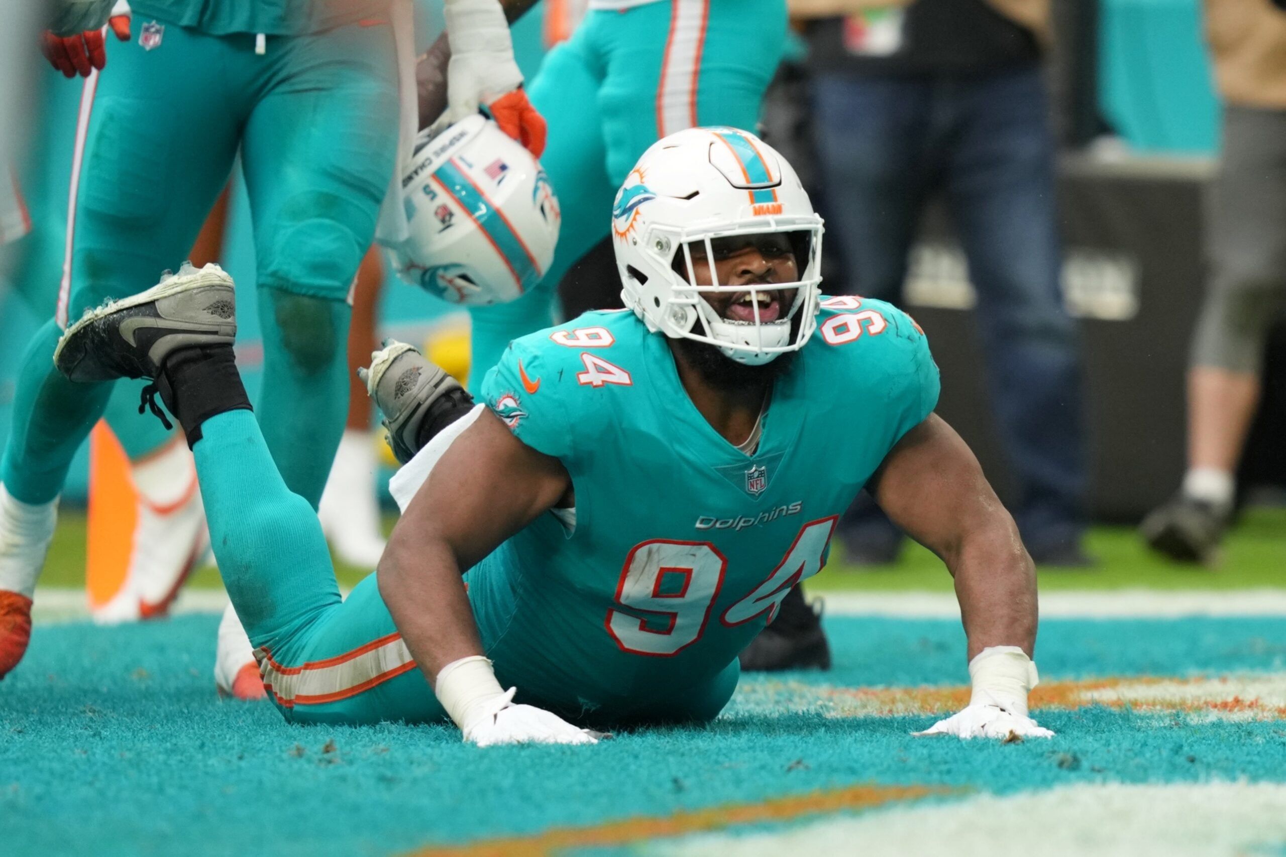 Dolphins DT Christian Wilkins in 2021 celebrating a sack