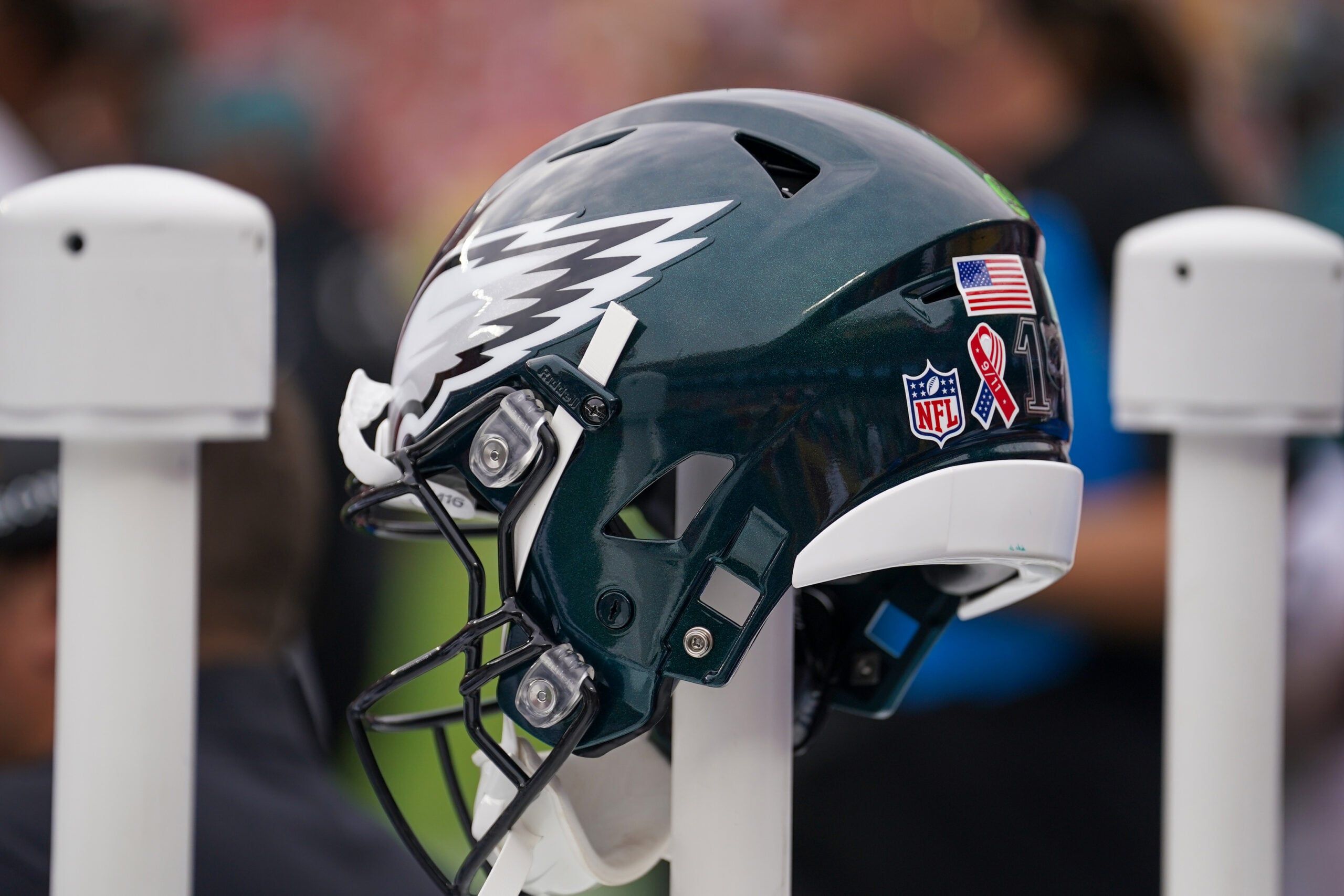 Eagles helmet in 2025 before a game against the Chiefs.