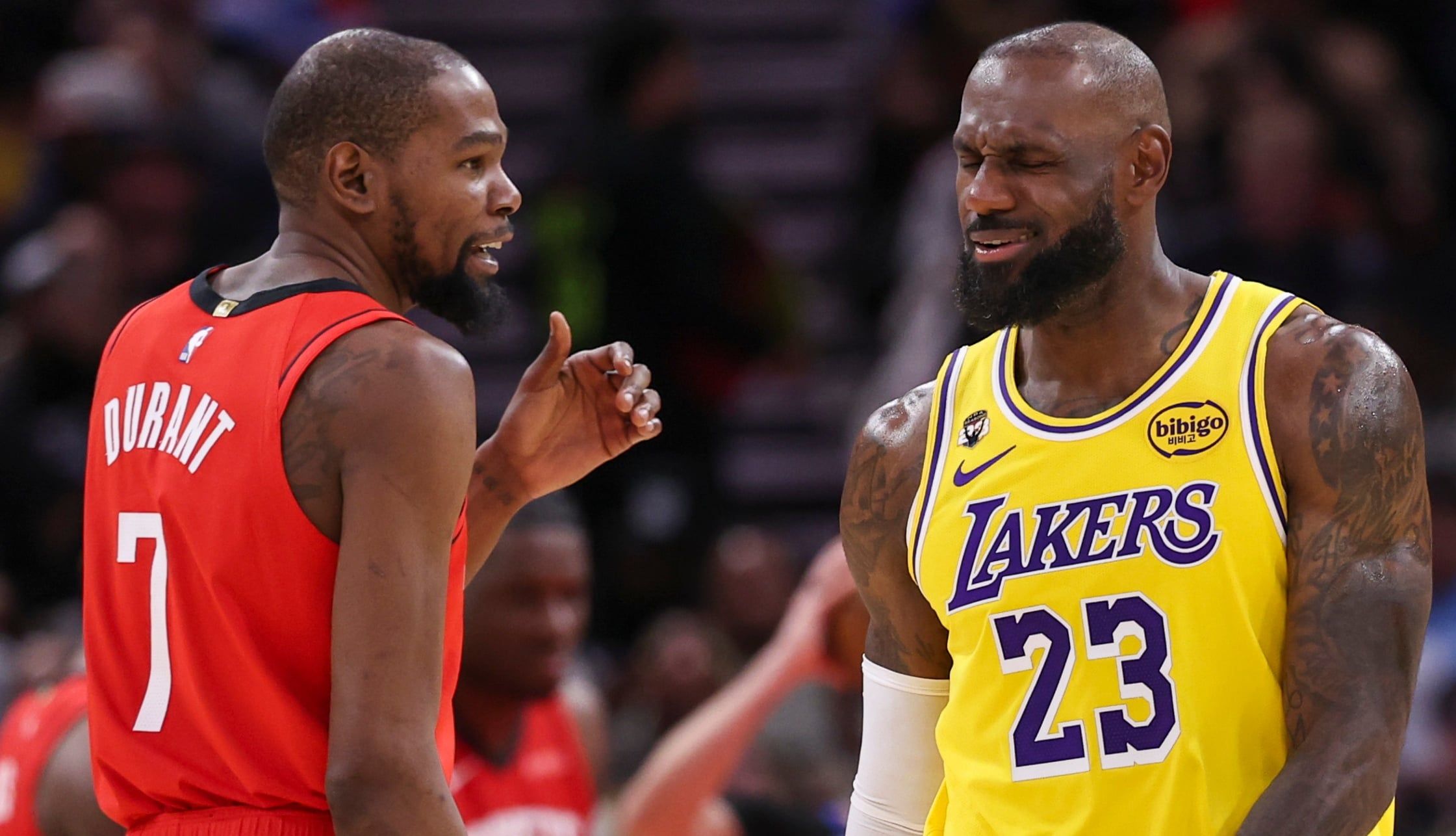 Kevin Durrant and LeBron James in March 2026 in Houston