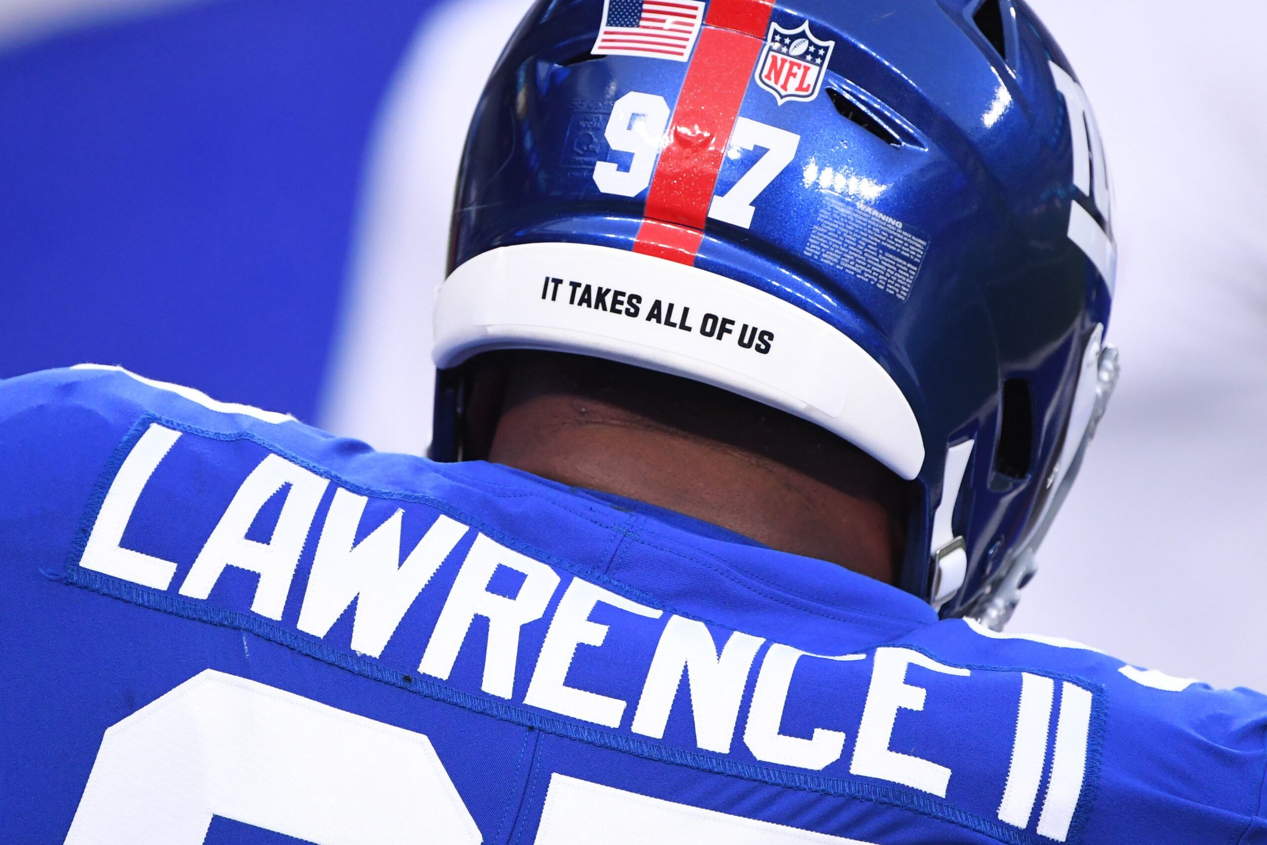 Close-up of Dexter Lawrence’s Giants helmet before a game against the Steelers at MetLife Stadium.