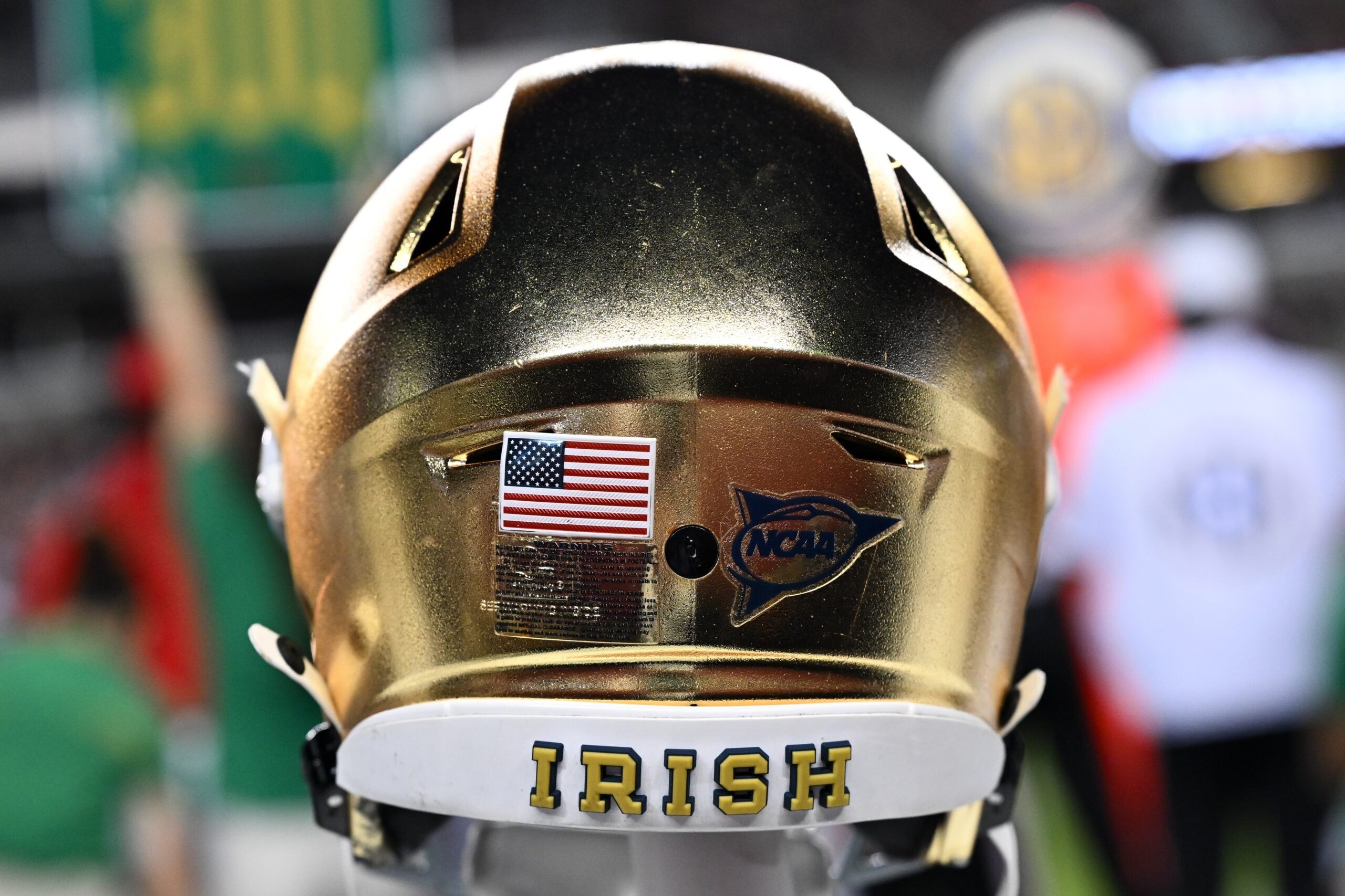 a Notre Dame Helmet on the field in 2024