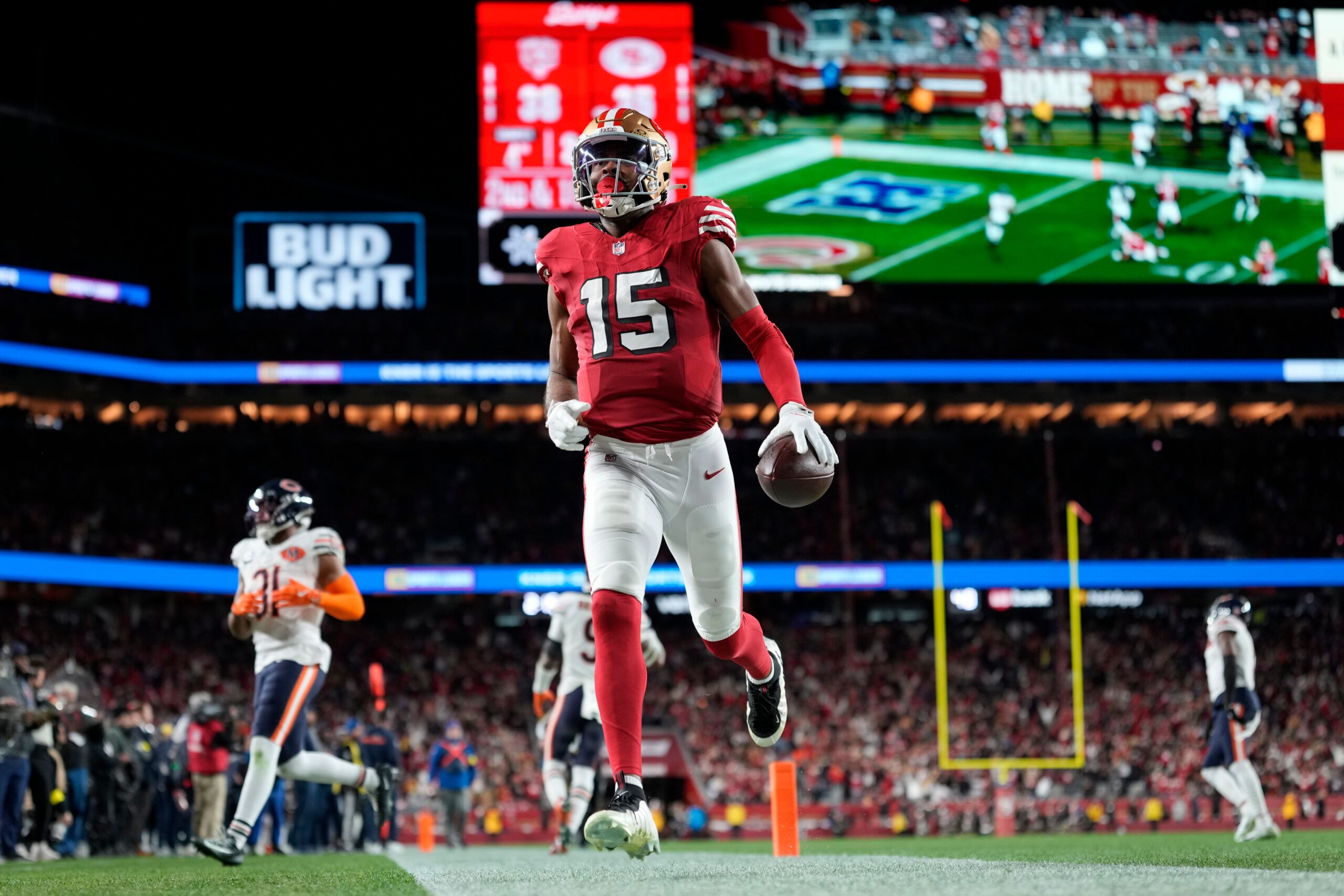 Jauan Jennings runs into the end zone for a touchdown during a game against the Chicago Bears at Levi’s Stadium.