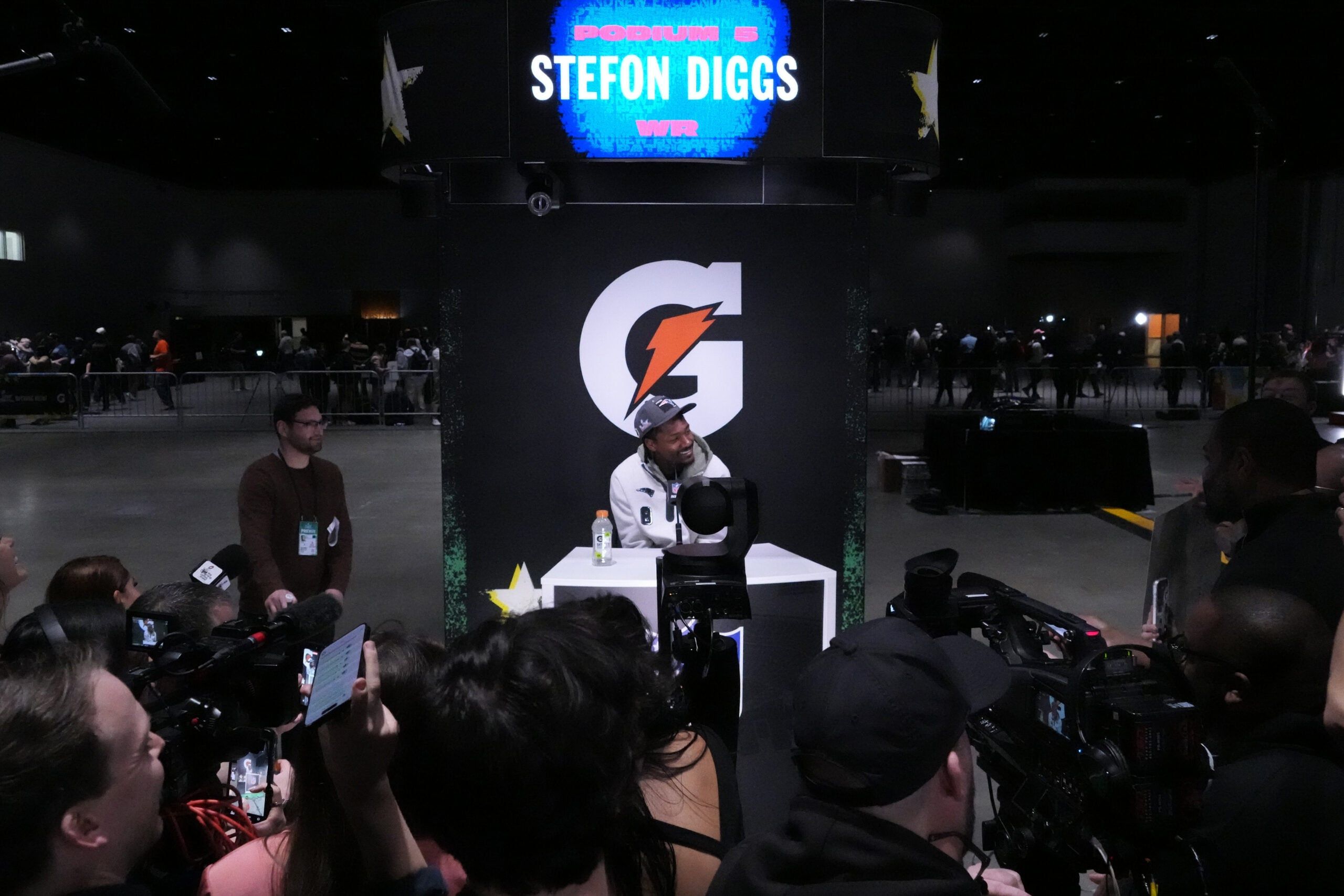 Patriots WR Stefon Diggs at the Super Bowl in 2026