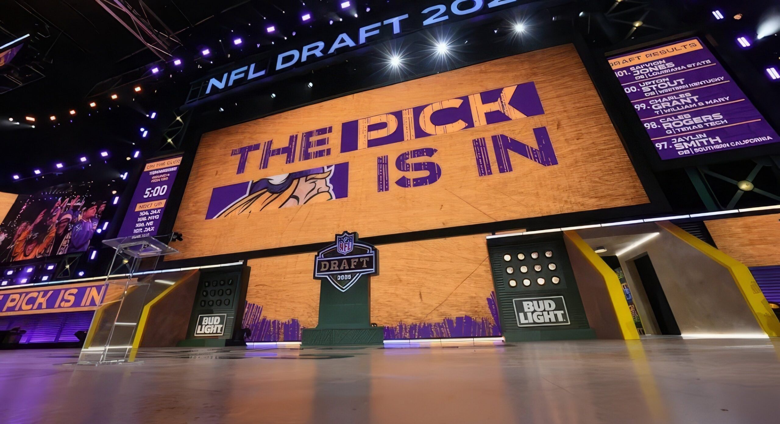 Video board on NFL Draft stage showing “The Pick Is In” for the Minnesota Vikings during the third round in Green Bay