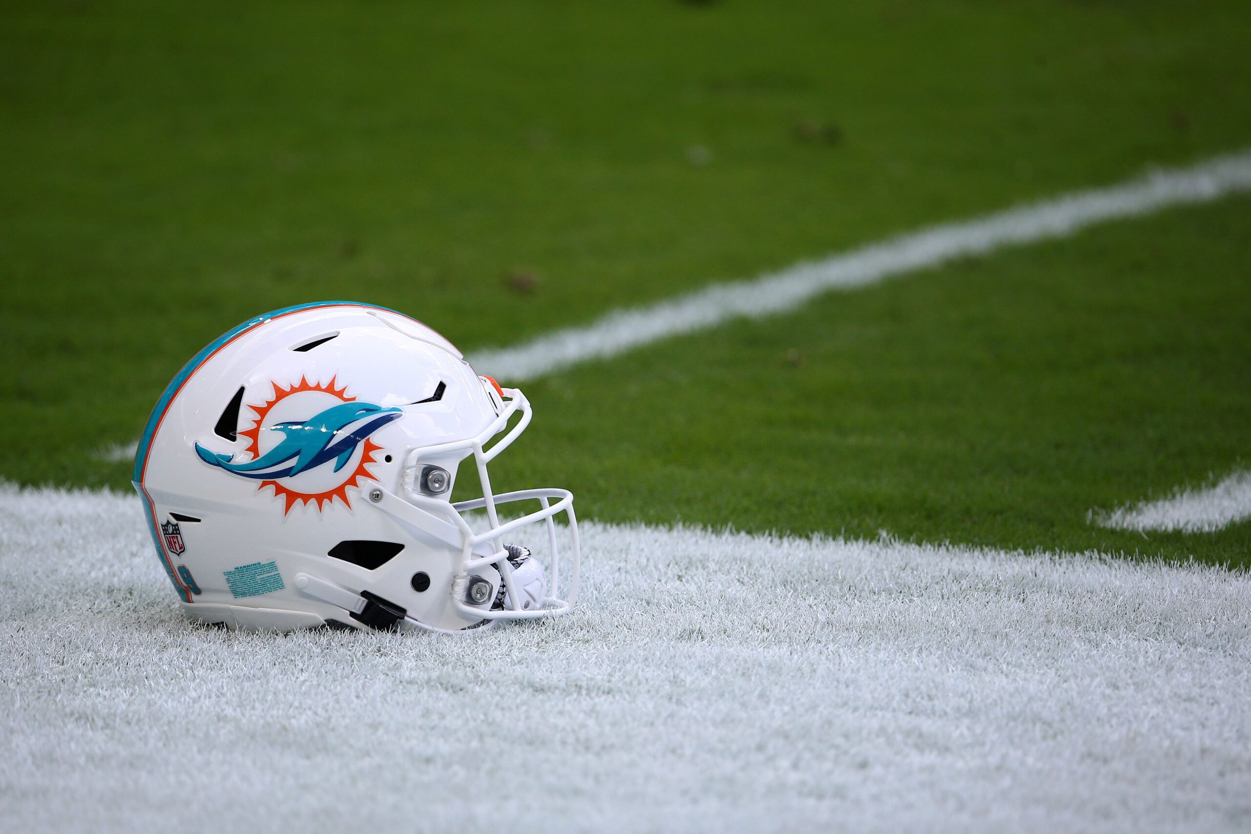 Dolphins helmet on the field before a game against the Bills in 2020