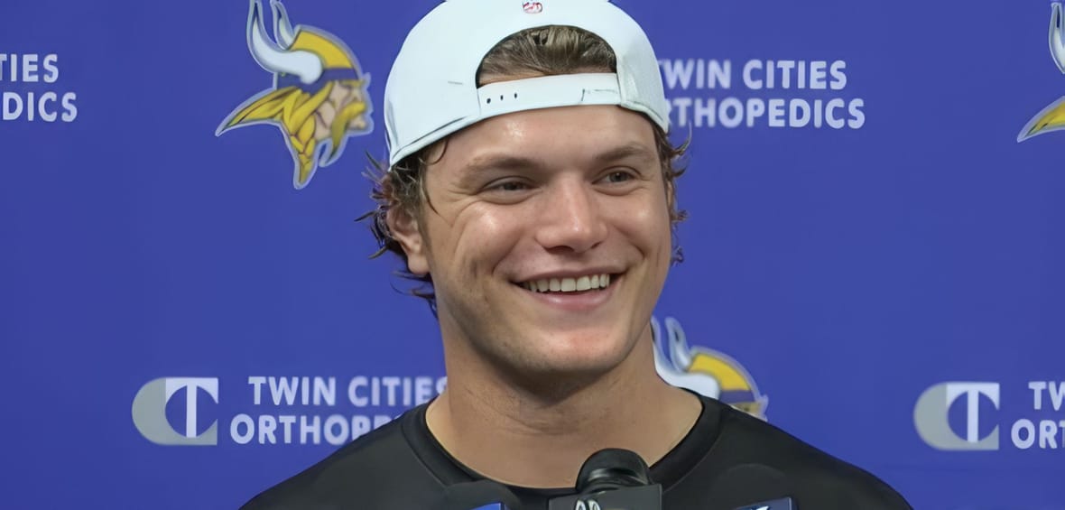J.J. McCarthy speaks to media during Vikings OTAs in 2025.