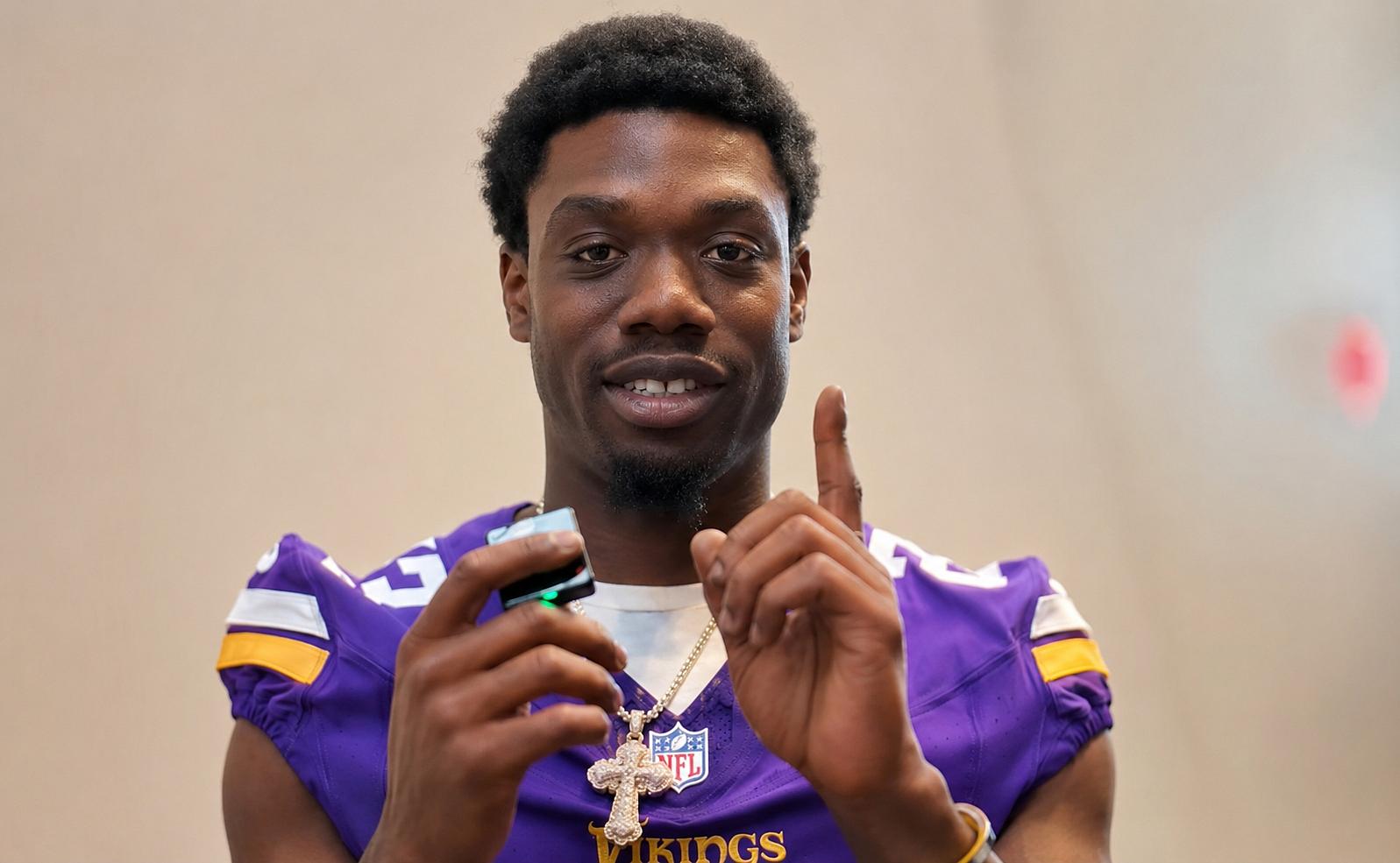 James Pierre smiles during a Vikings.com interview about Nickelodeon.