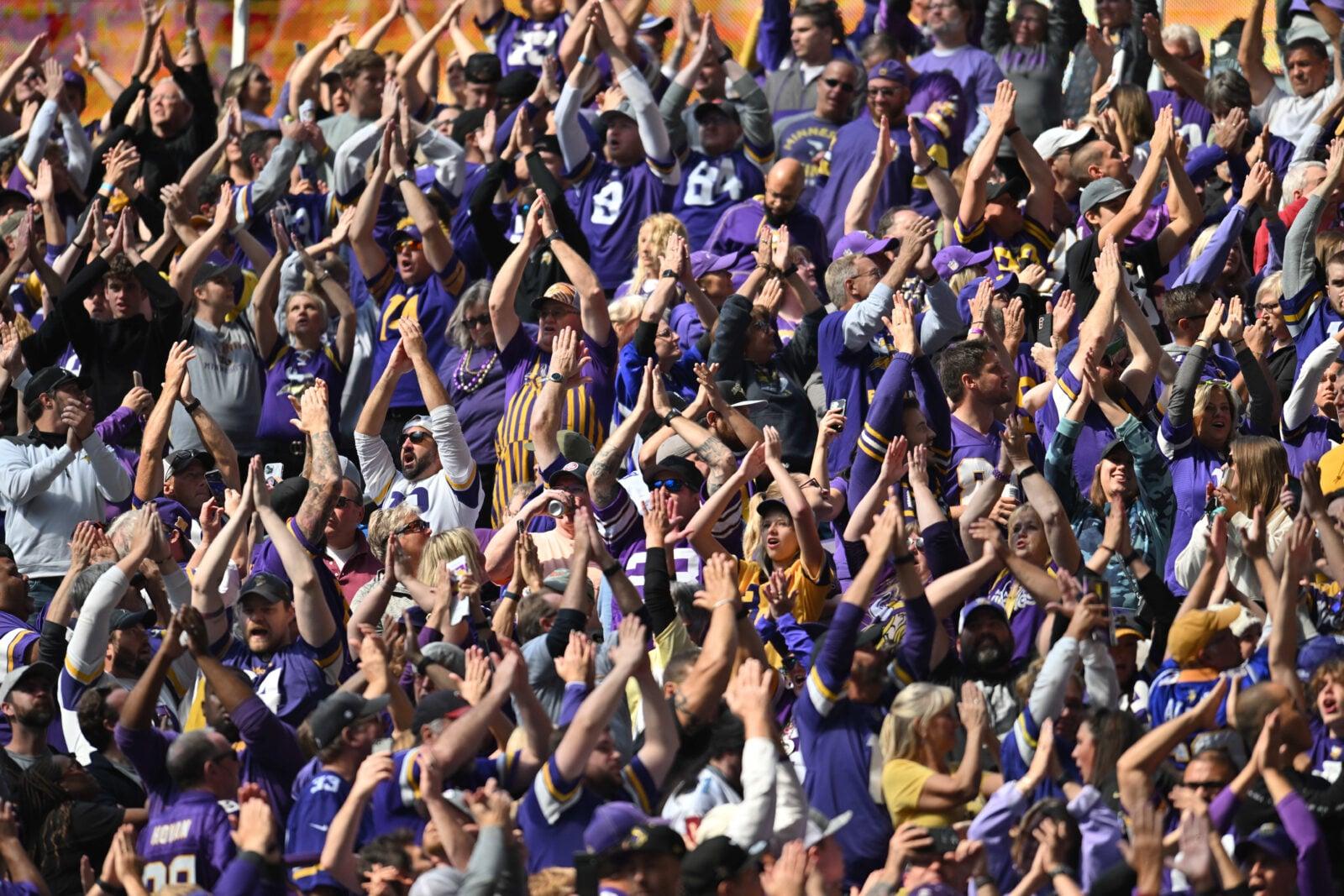 Vikings fans react during a game against the Lions at U.S. Bank Stadium.