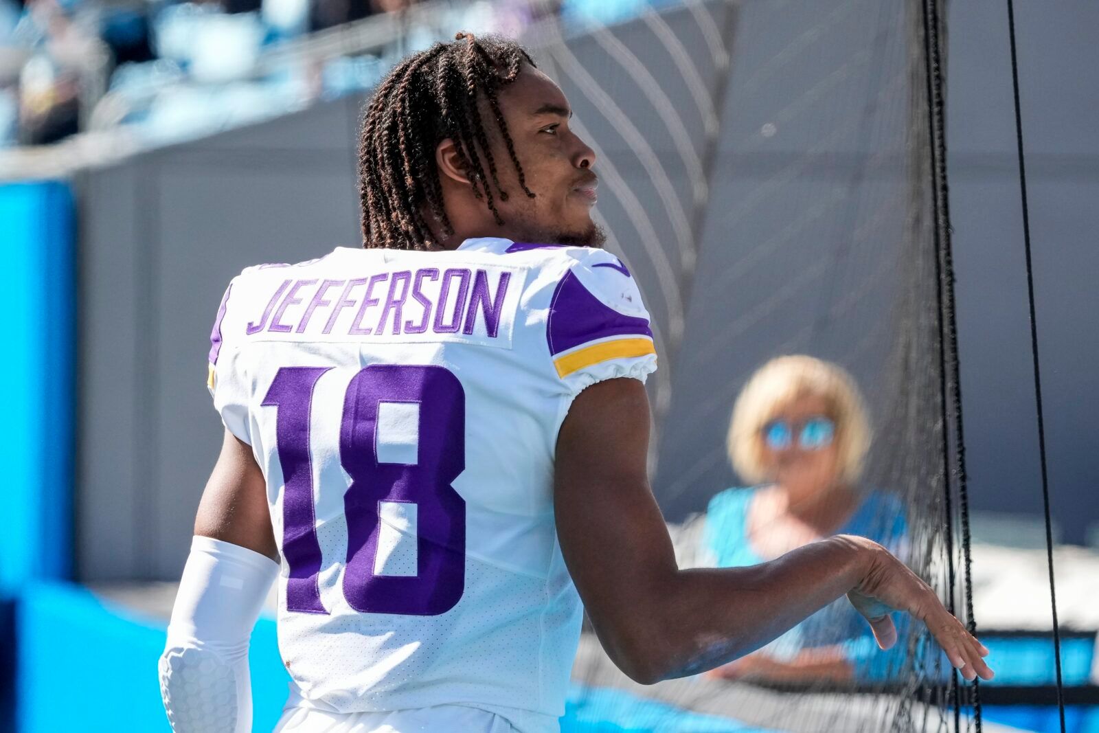 Vikings WR Justin Jefferson prepares for play against Panthers.
