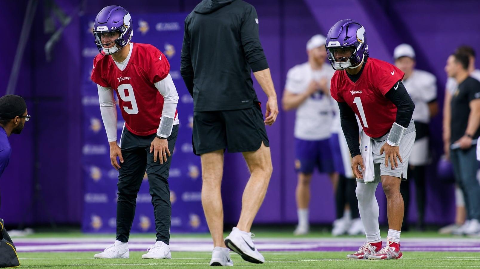 Vikings quarterbacks J.J. McCarthy and Kyler Murray practice in Eagan.