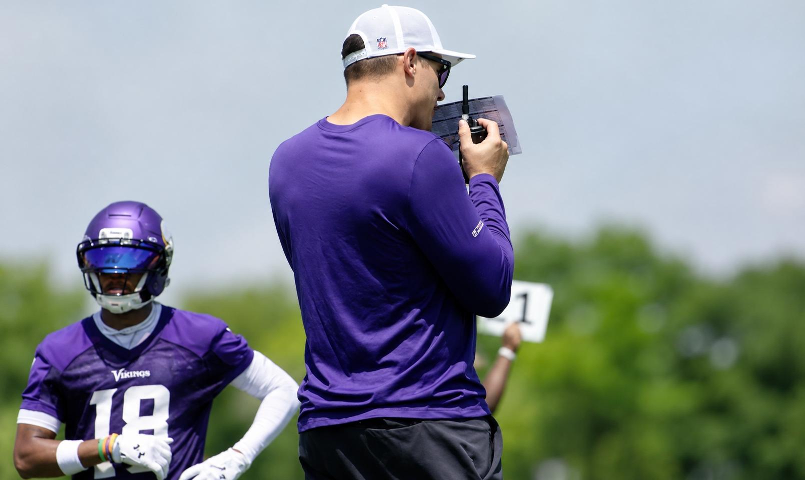 Kevin O’Connell watches Vikings OTA practice at TCO Performance Center in Eagan.