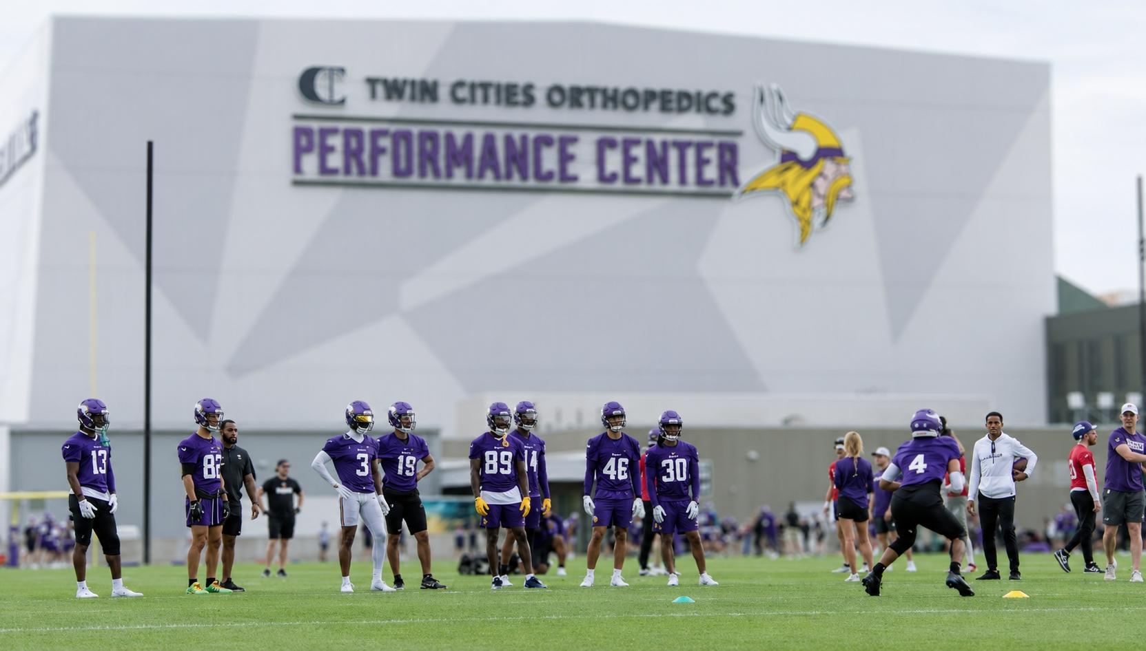 Vikings players participate in OTA drills at the TCO Performance Center in Eagan.