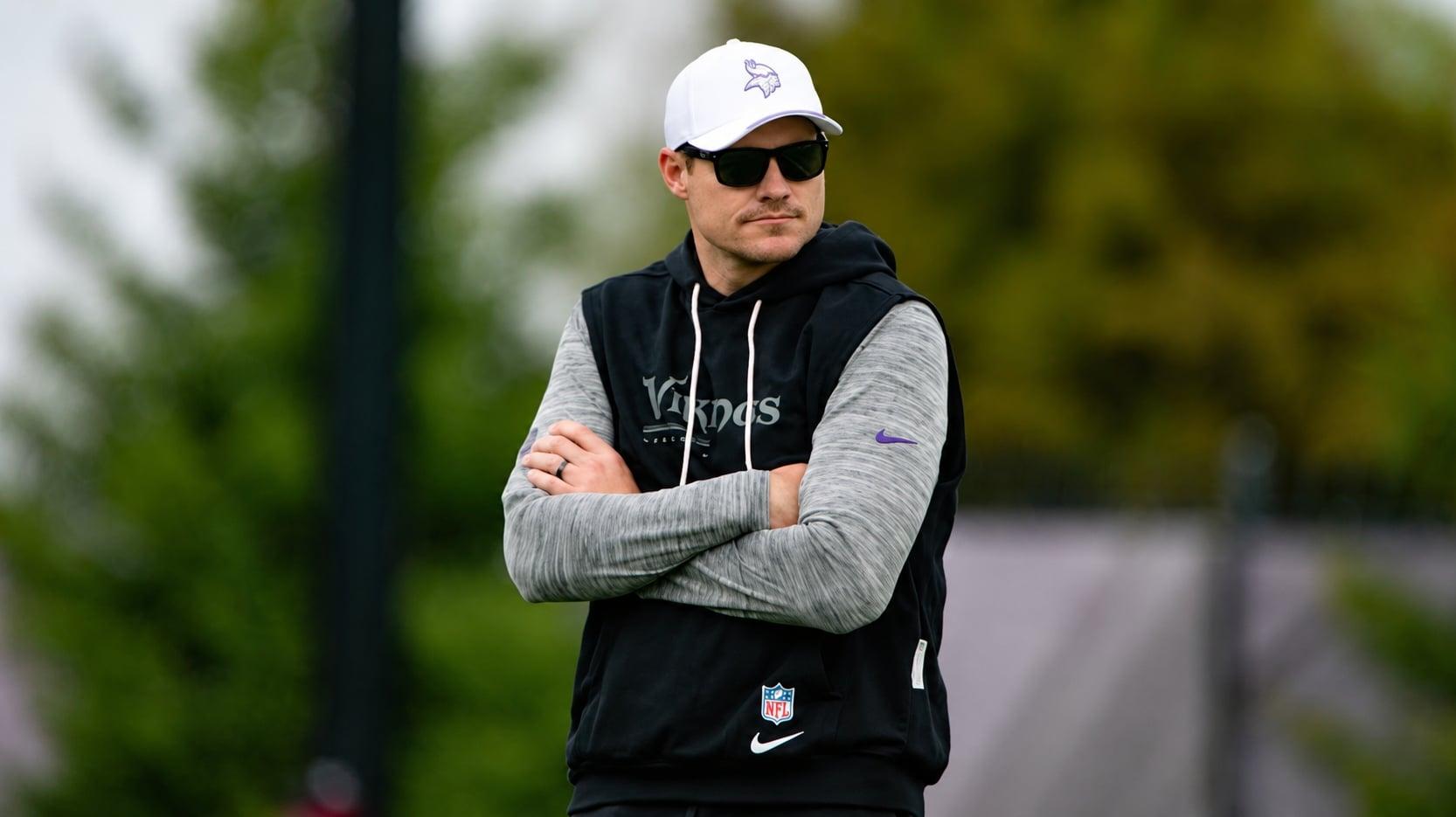 Kevin O'Connell watches Vikings minicamp practice in Eagan.