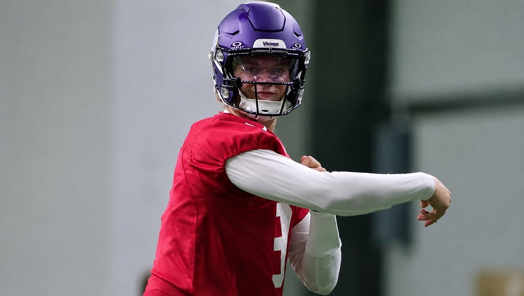 J.J. McCarthy throws during Vikings minicamp practice in Eagan.