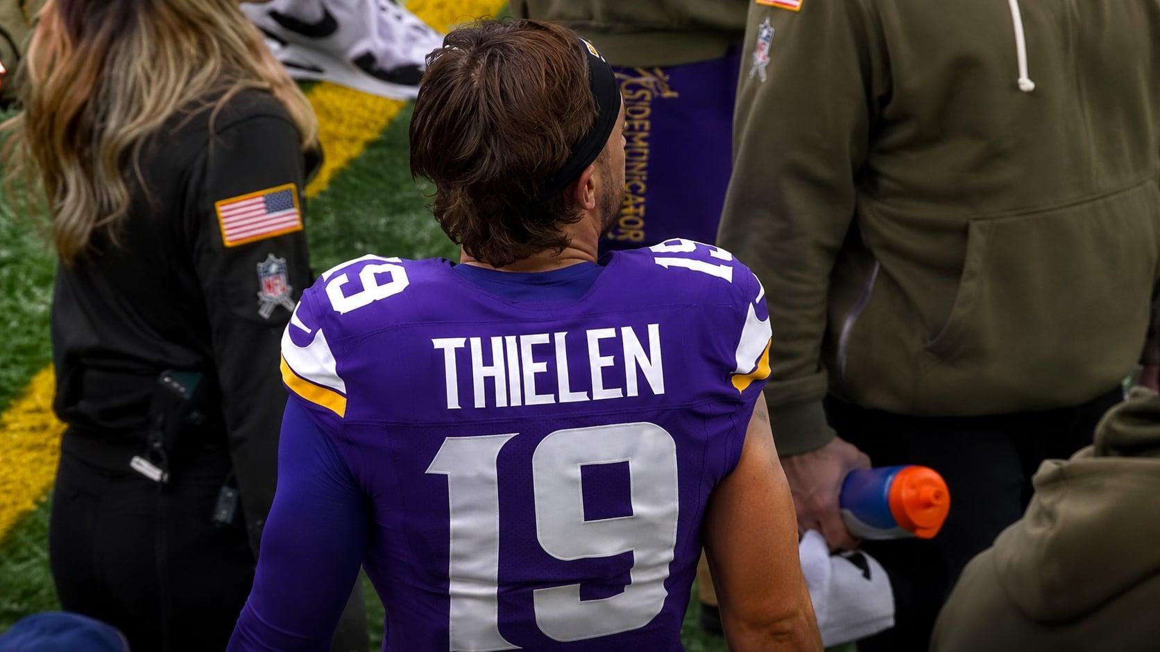 Thielen walks the sideline during a Vikings game against Baltimore.