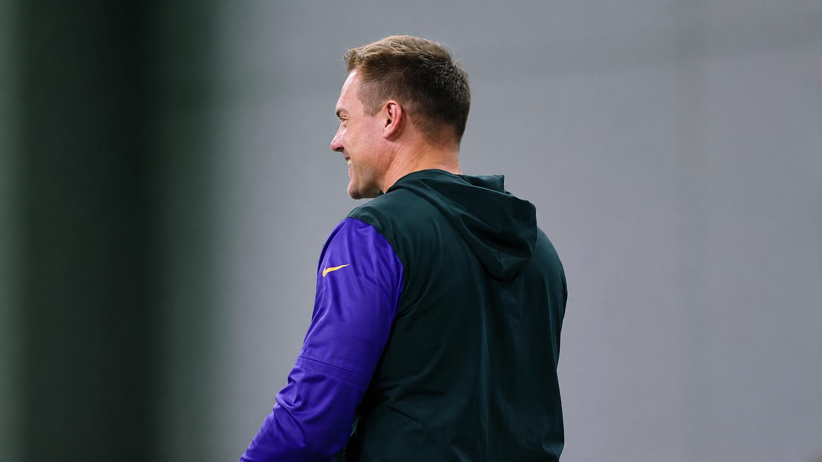 Kevin O’Connell smiles during Vikings minicamp in Eagan.