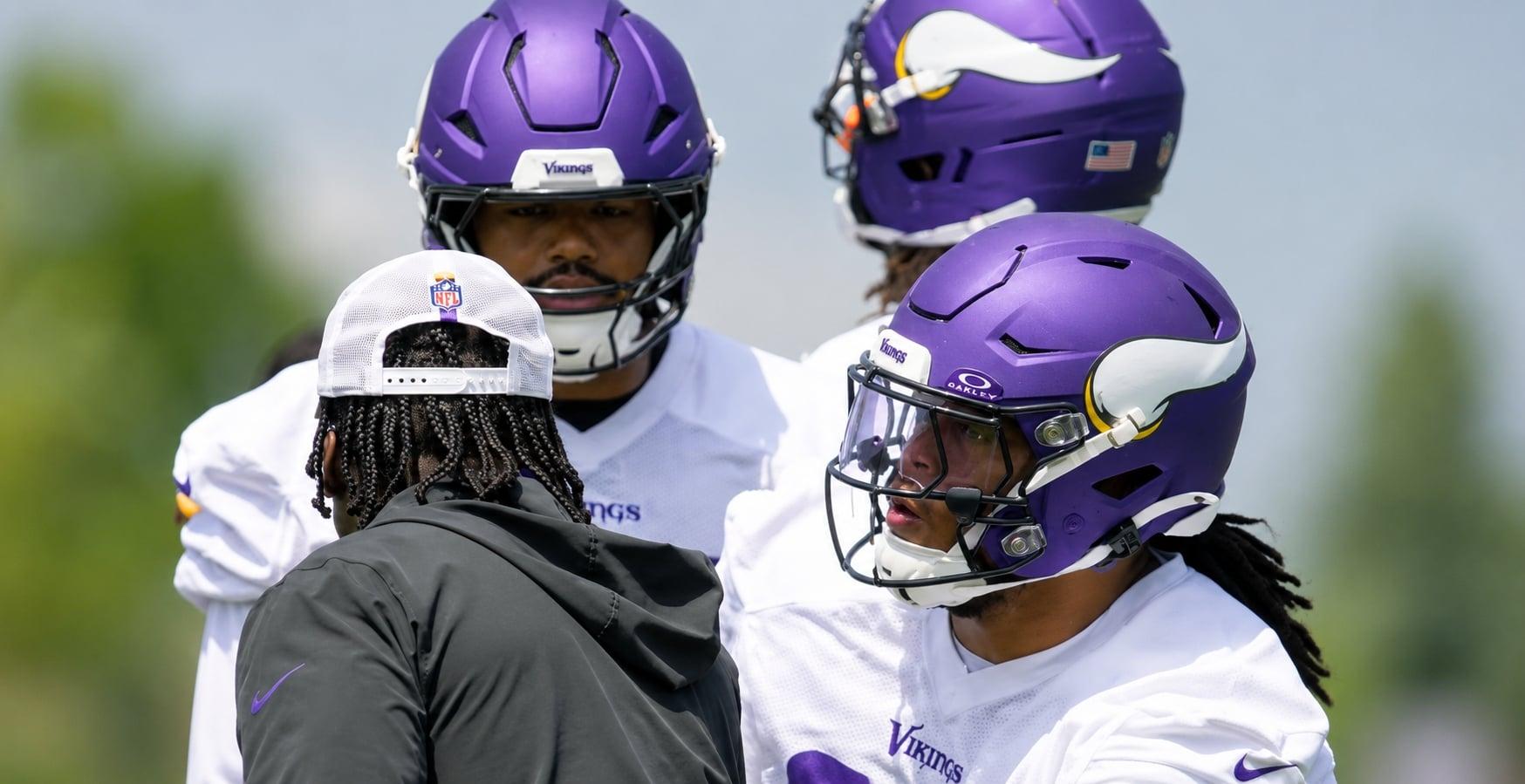 Vikings defenders participate in drills during the first day of mandatory minicamp at TCO Performance Center.