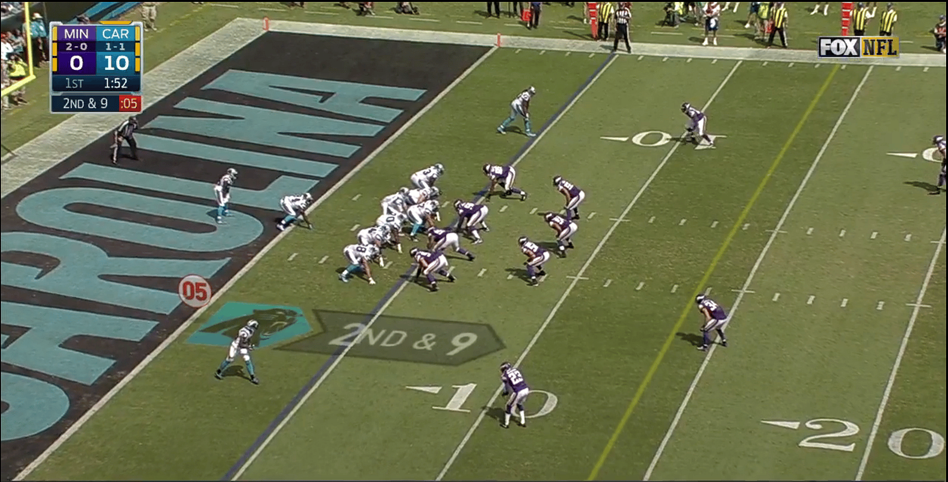 Vikings players lined up during offensive play on football field.