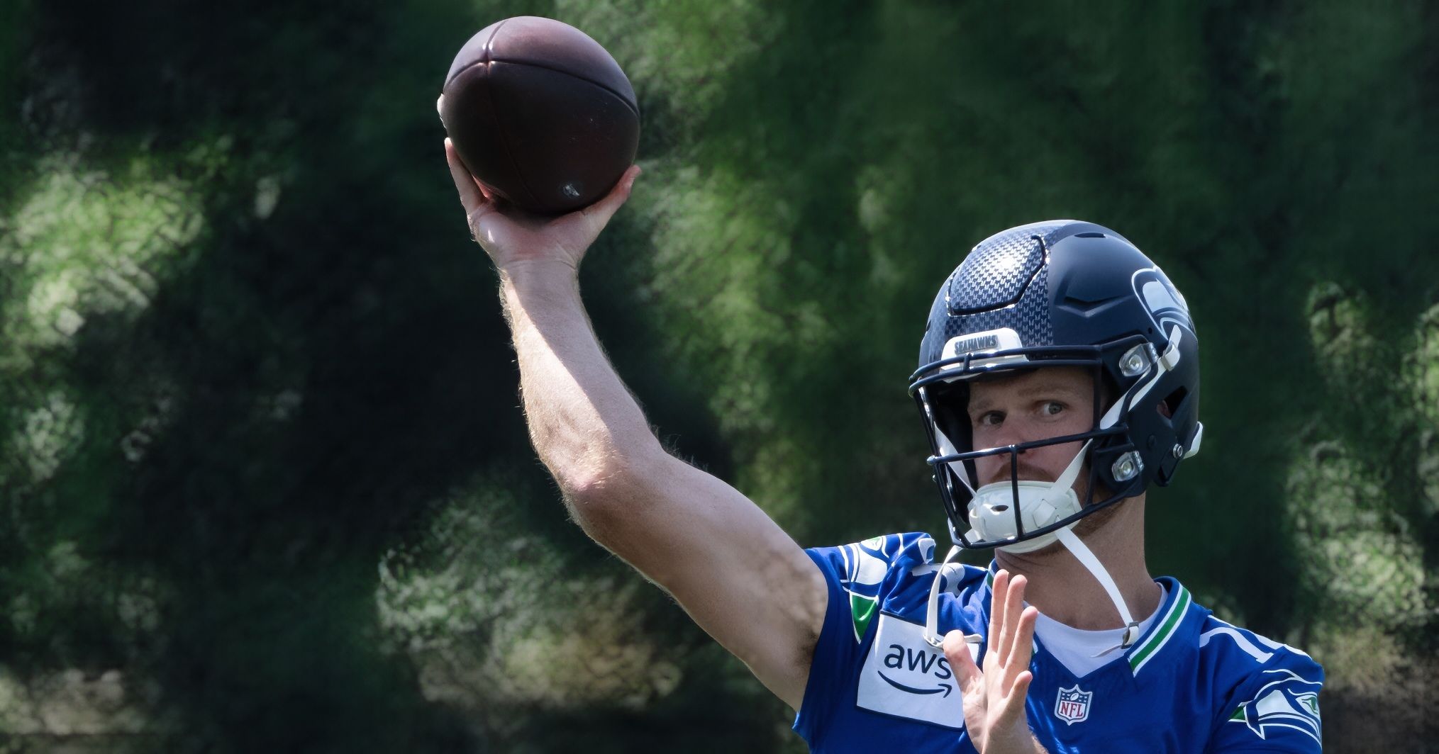 Seattle Seahawks quarterbacks Sam Darnold (14) and Drew Lock (2) run a passing drill during mini-camp on June 11, 2025, at the Virginia Mason Athletic Center in Renton, Washington. Mandatory Credit: Stephen Brashear-Imagn Images.