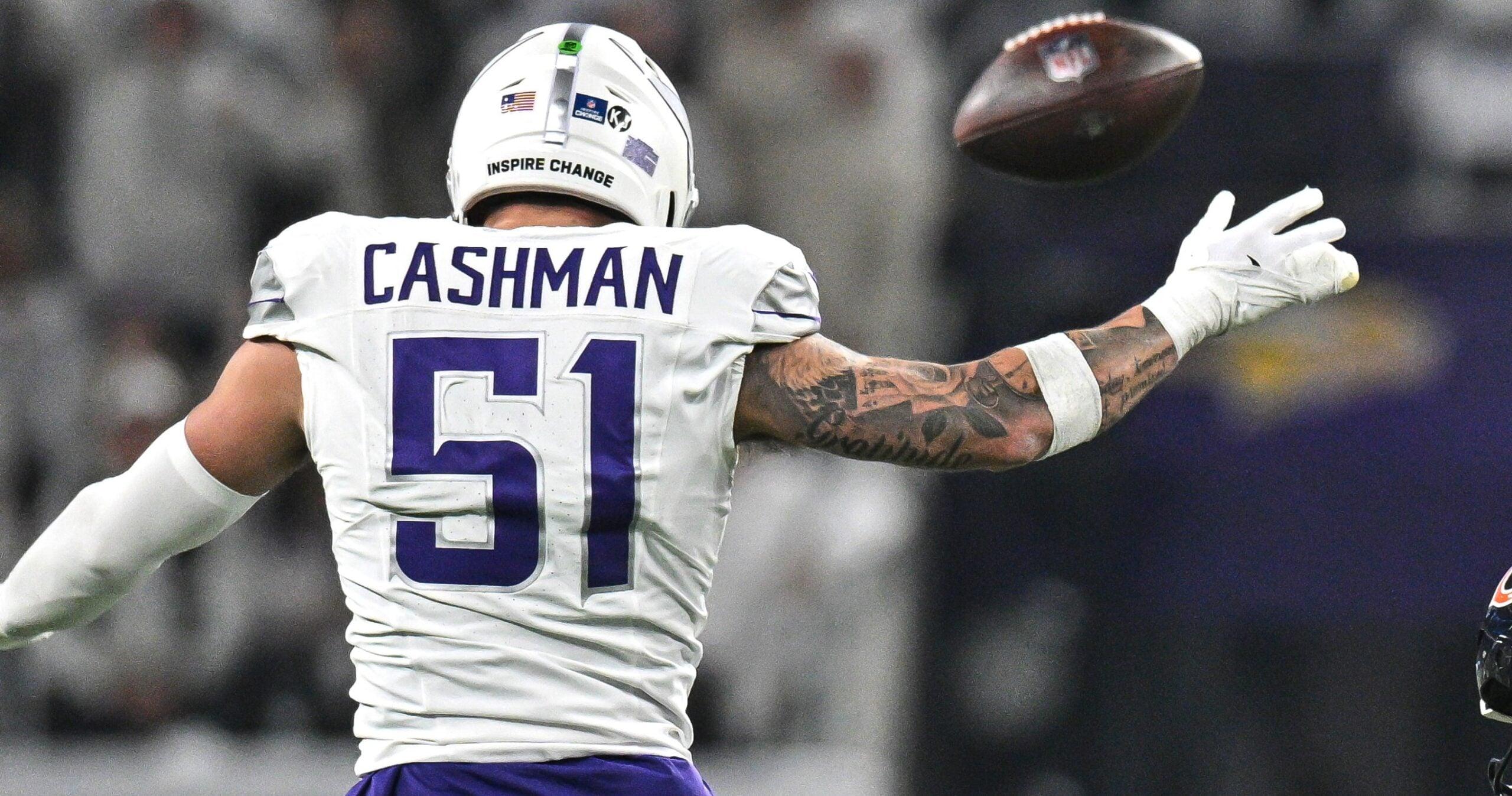 Blake Cashman and Jonathan Greenard force a fumble by Bears quarterback Caleb Williams during a game at U.S. Bank Stadium.
