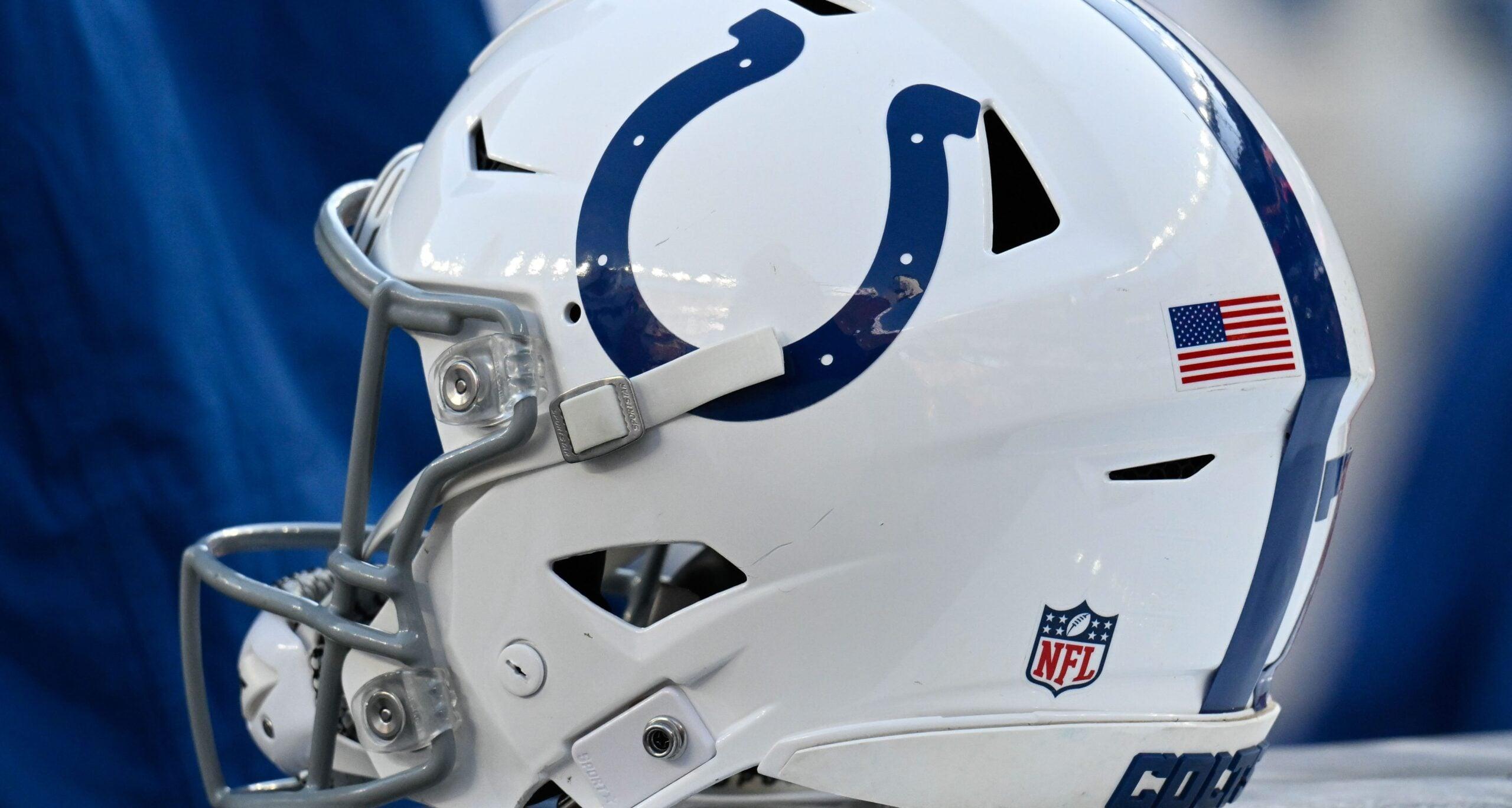 An Indianapolis Colts helmet sits on an equipment case during a game against the New England Patriots at Gillette Stadium.