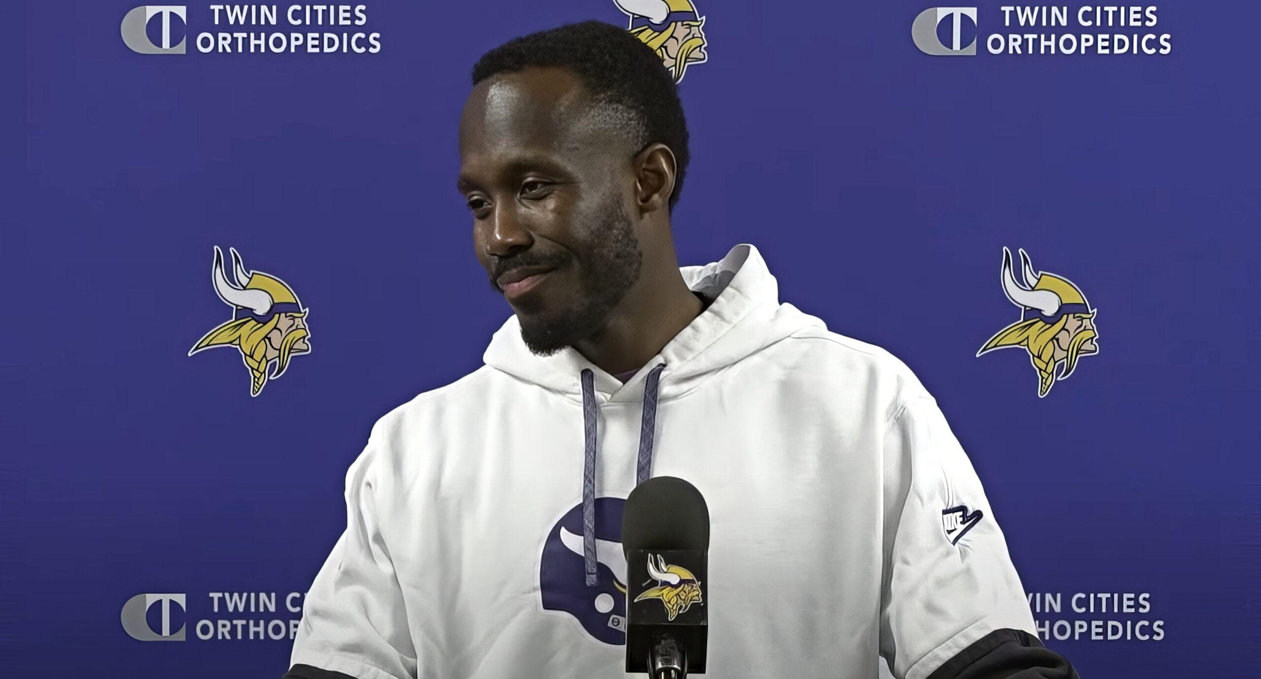 Kwesi Adofo-Mensah speaks to reporters at the TCO Performance Center during a Vikings offseason media session.
