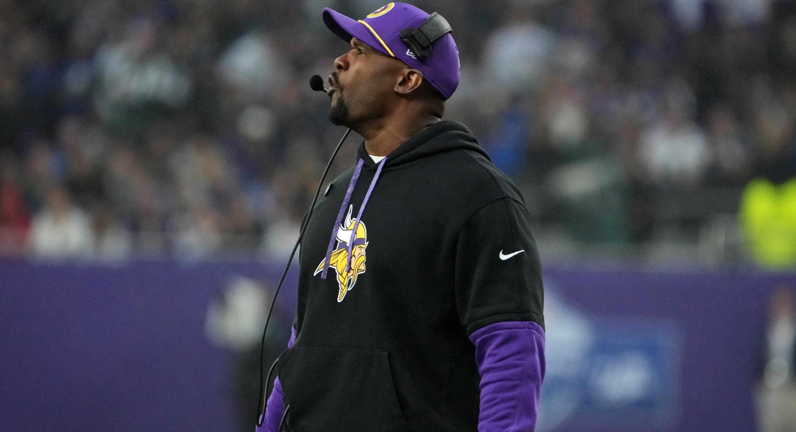Brian Flores watches from the sideline during the Minnesota Vikings game against the New York Jets at Tottenham Hotspur Stadium in London.
