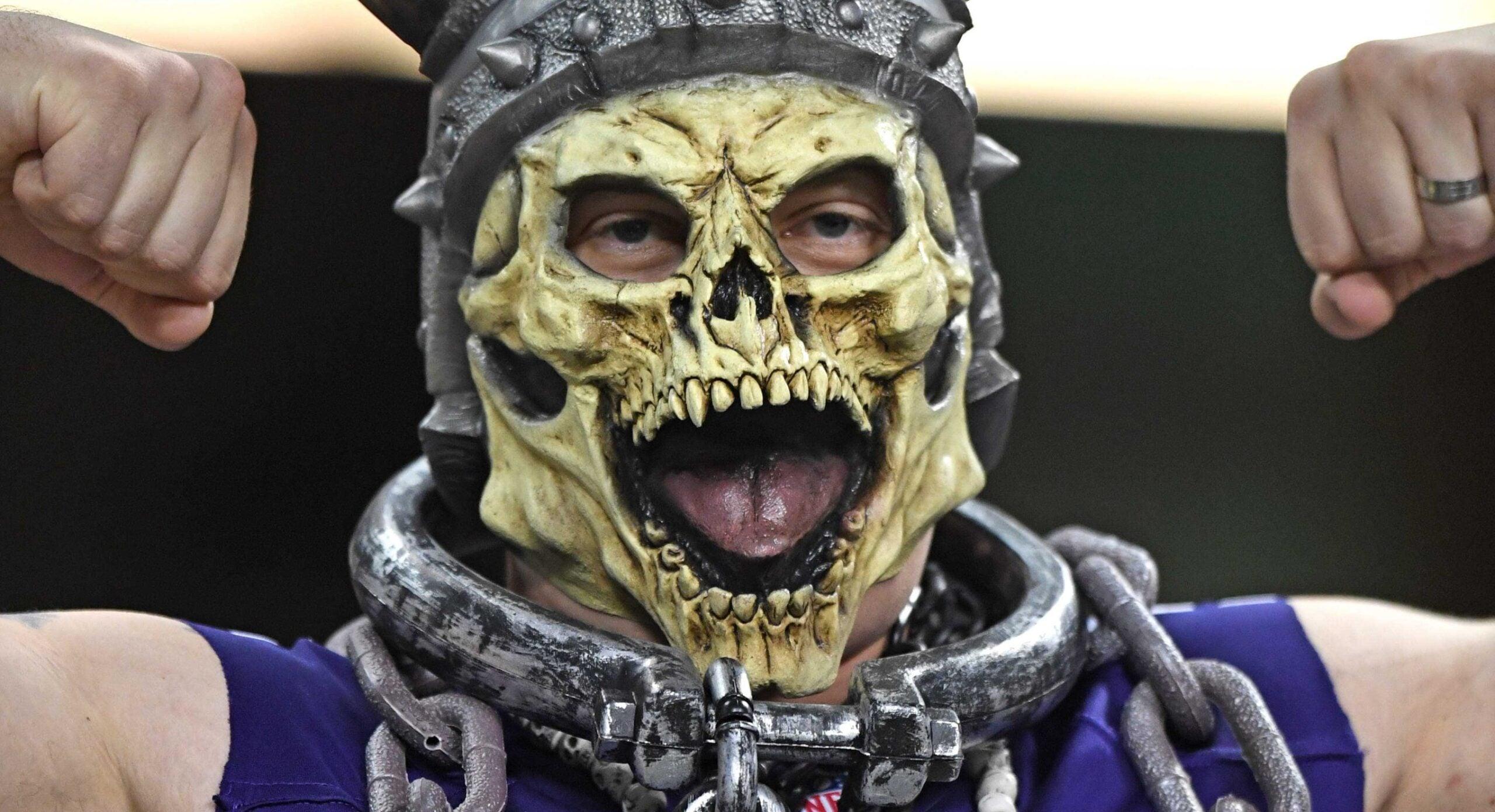 A Minnesota Vikings fan watches the game during a matchup against the Chicago Bears at Soldier Field.