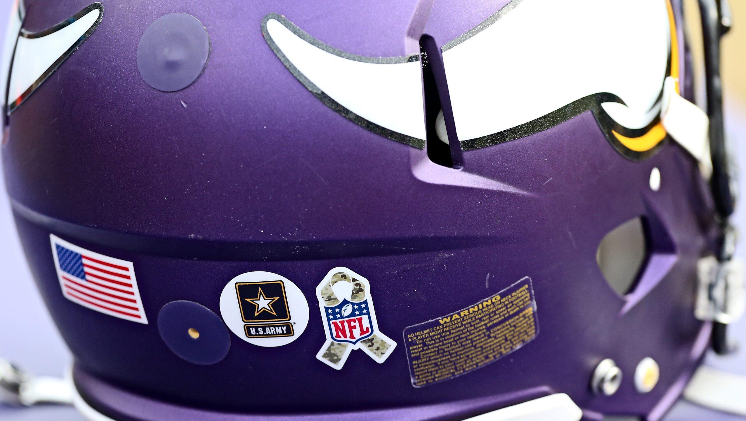 Minnesota Vikings helmet sits on the sideline before a preseason game against the Buffalo Bills.