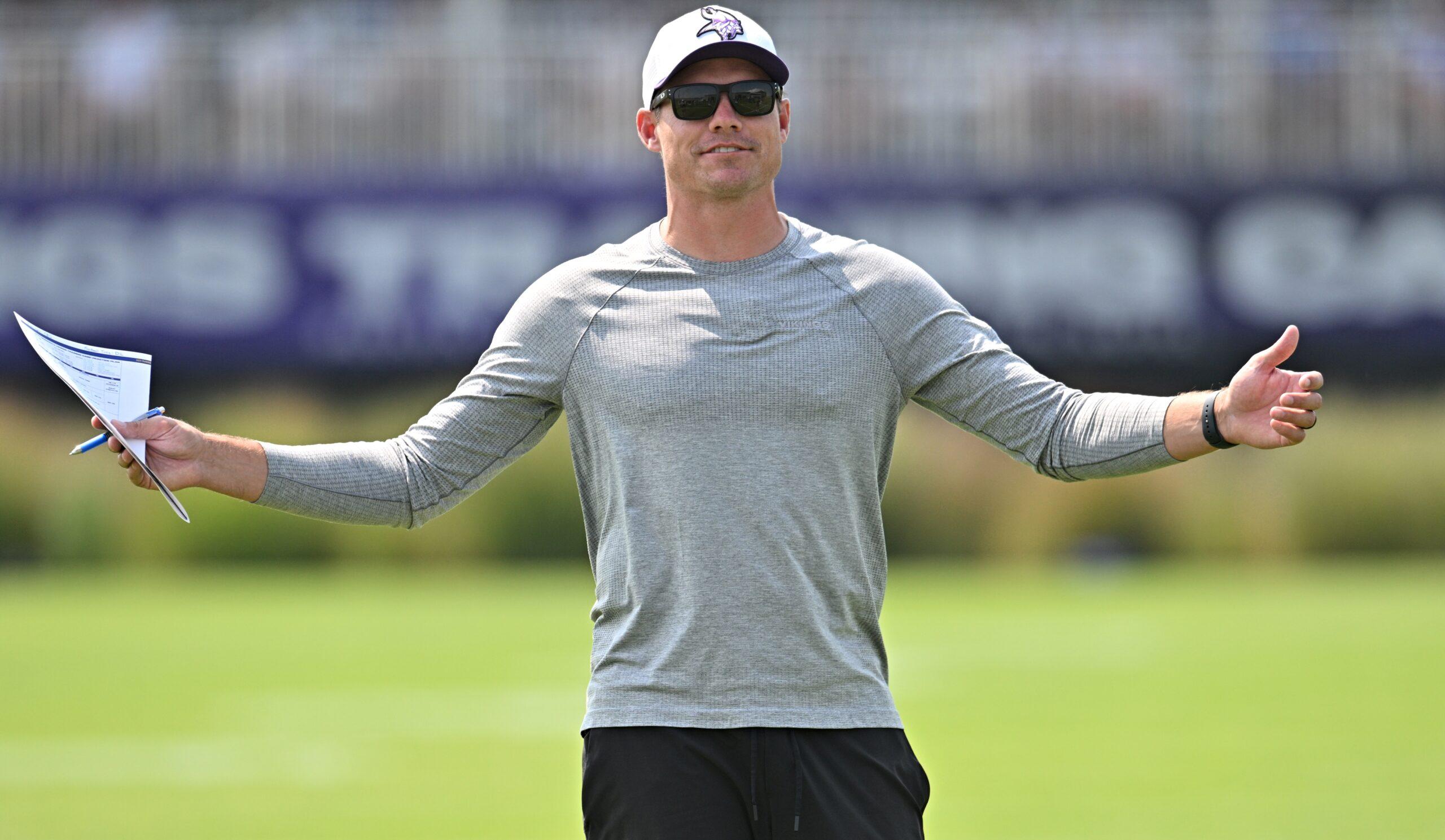 Minnesota Vikings head coach Kevin O’Connell reacts during training camp practice in Eagan, Minnesota.