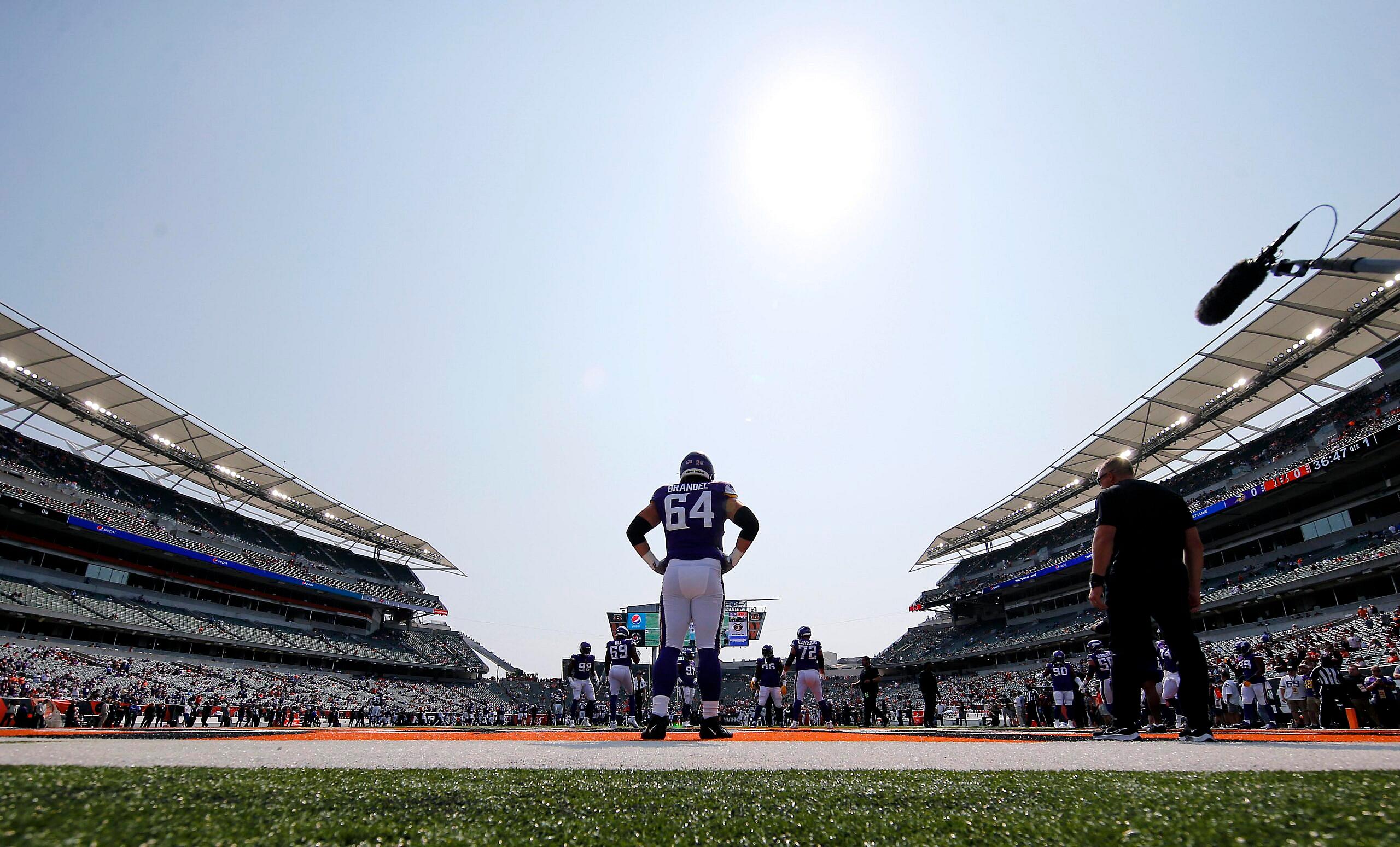 Blake Brandel warms up before Vikings game against Bengals in Cincinnati.