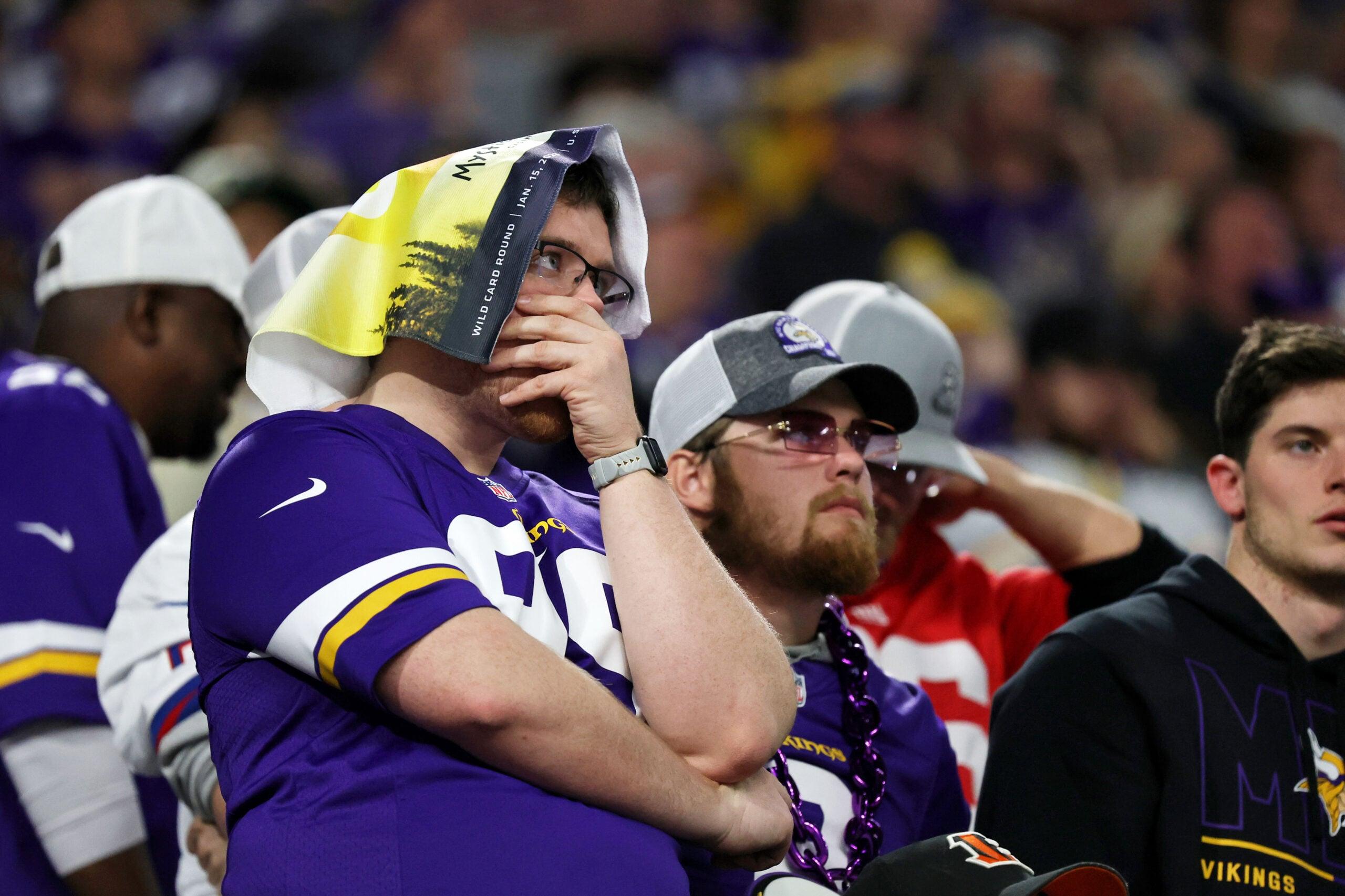 Minnesota Vikings fans react during the NFC Wild Card game against the New York Giants at U.S. Bank Stadium.