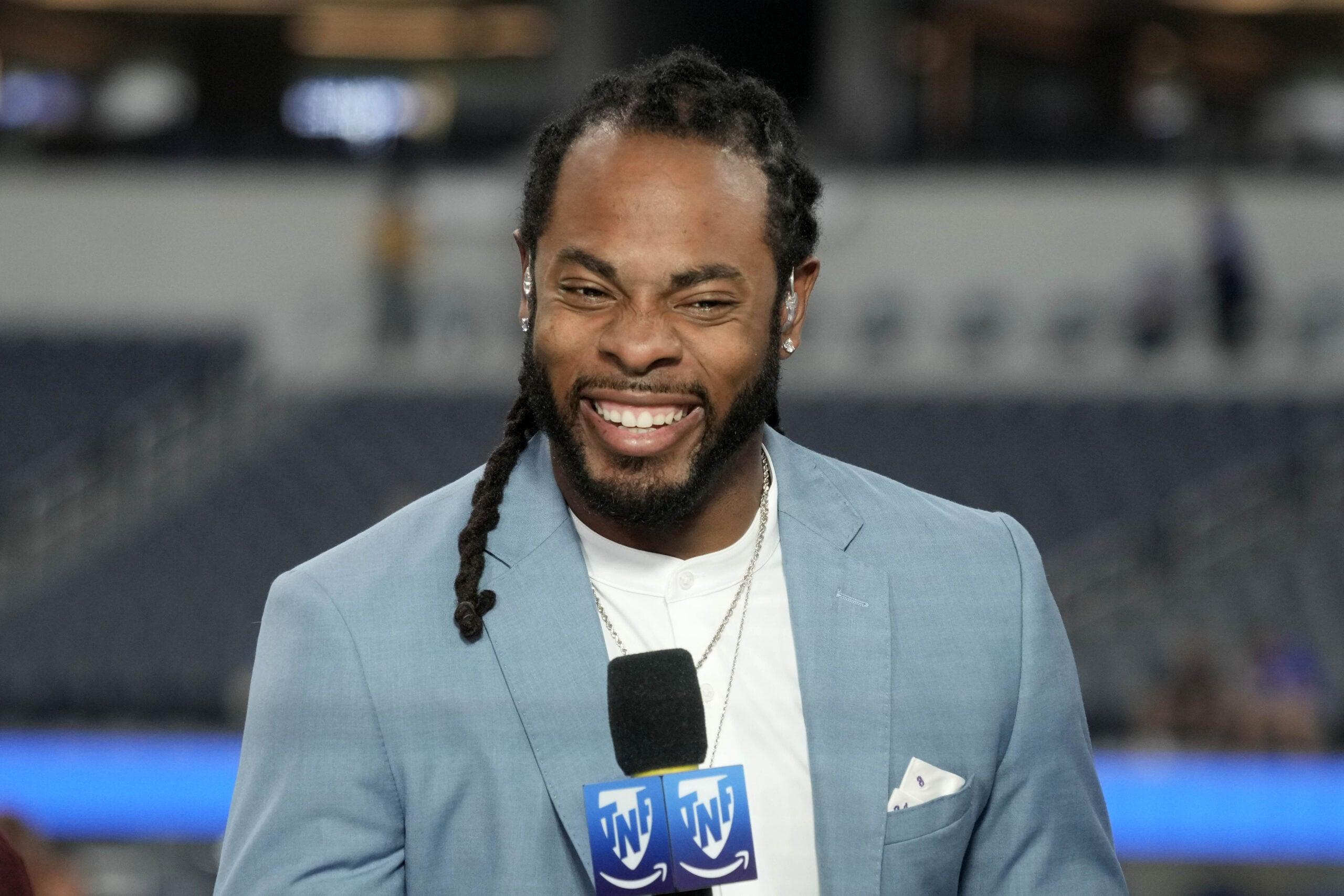 Richard Sherman appears on the Amazon Prime Thursday Night Football set at SoFi Stadium before a preseason game.