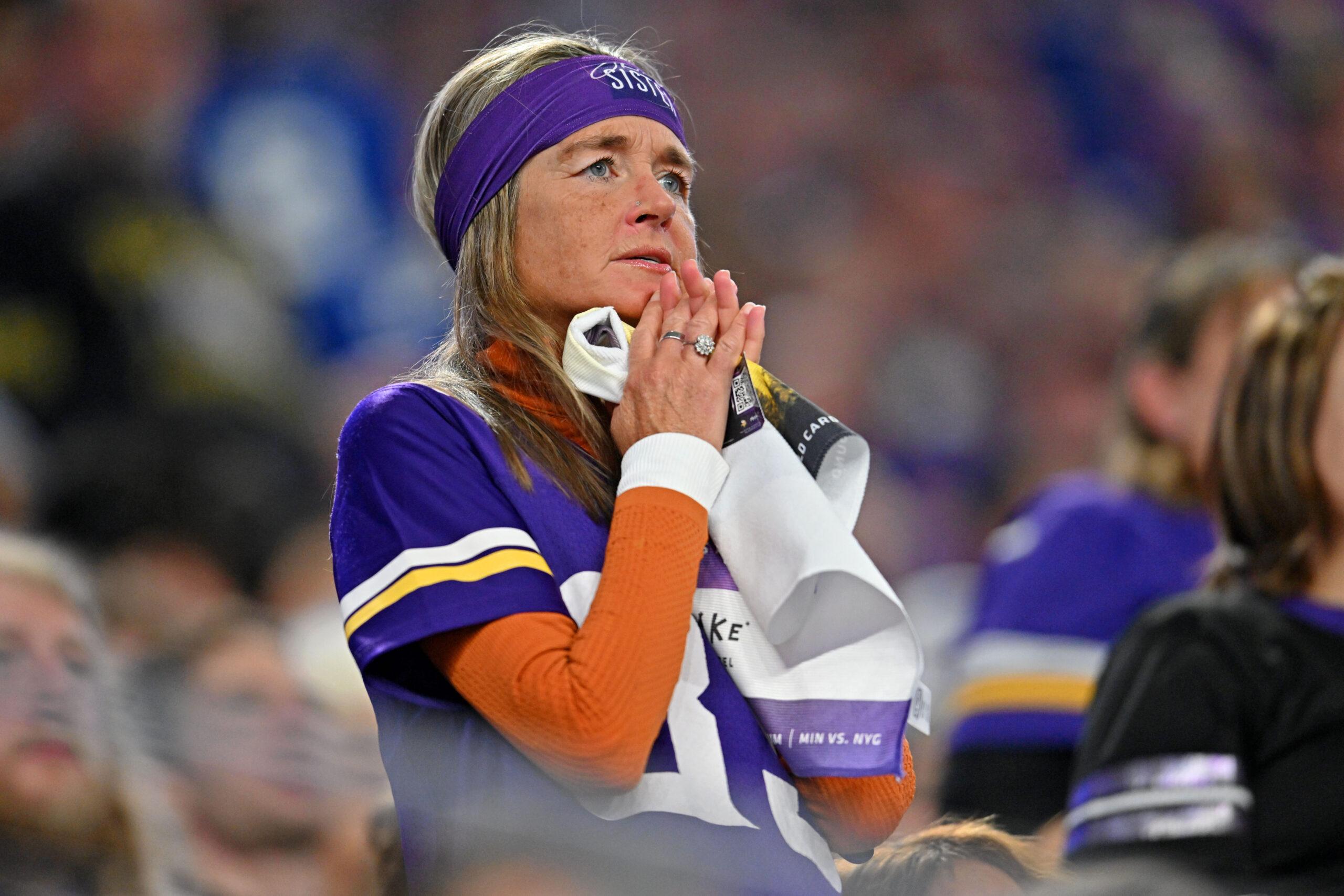 Minnesota Vikings fans react from the stands during an NFC Wild Card playoff game against the New York Giants.