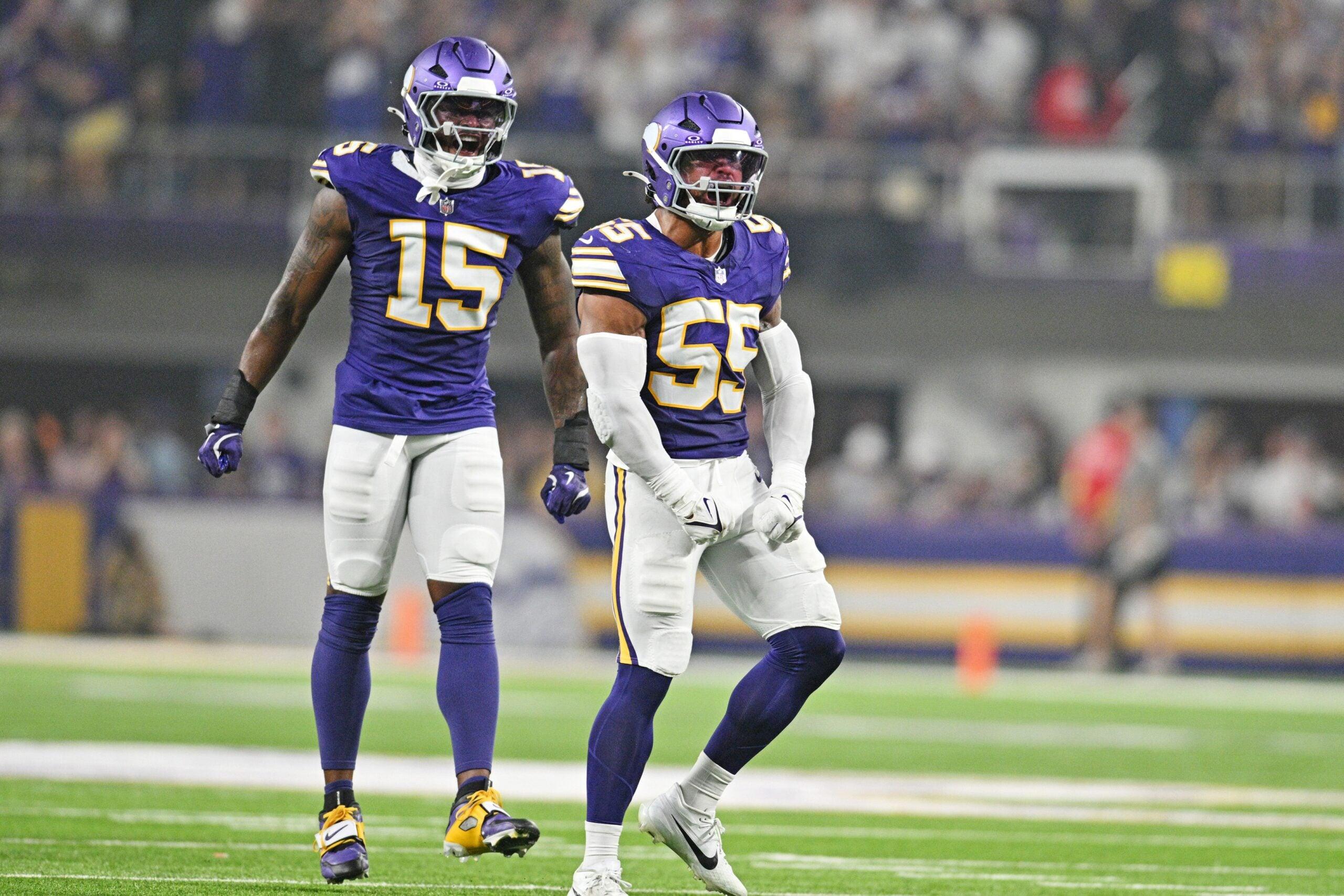 Vikings linebacker Eric Wilson celebrates after a play against the Atlanta Falcons at U.S. Bank Stadium.
