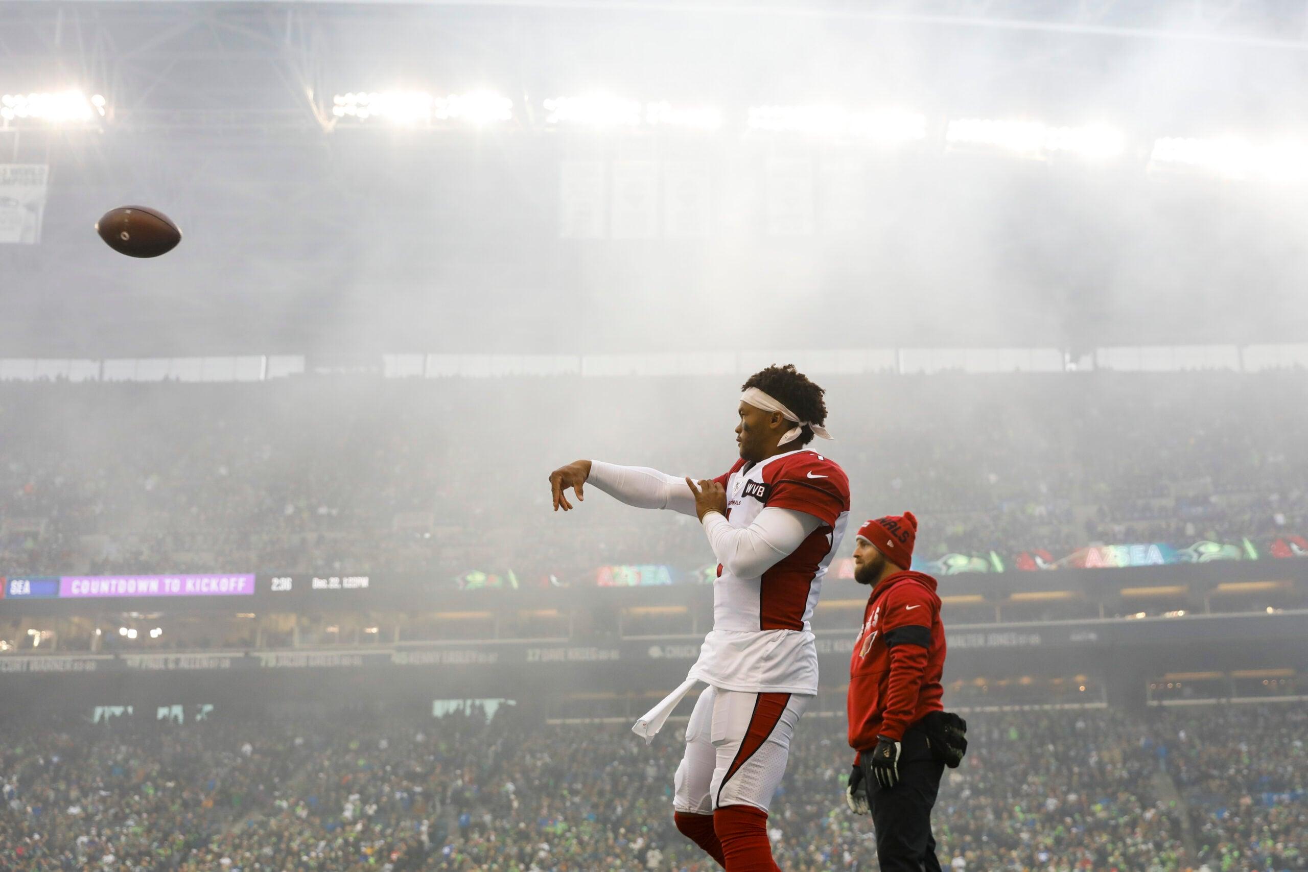 Kyler Murray warms up before a Cardinals road game against the Seahawks at CenturyLink Field.