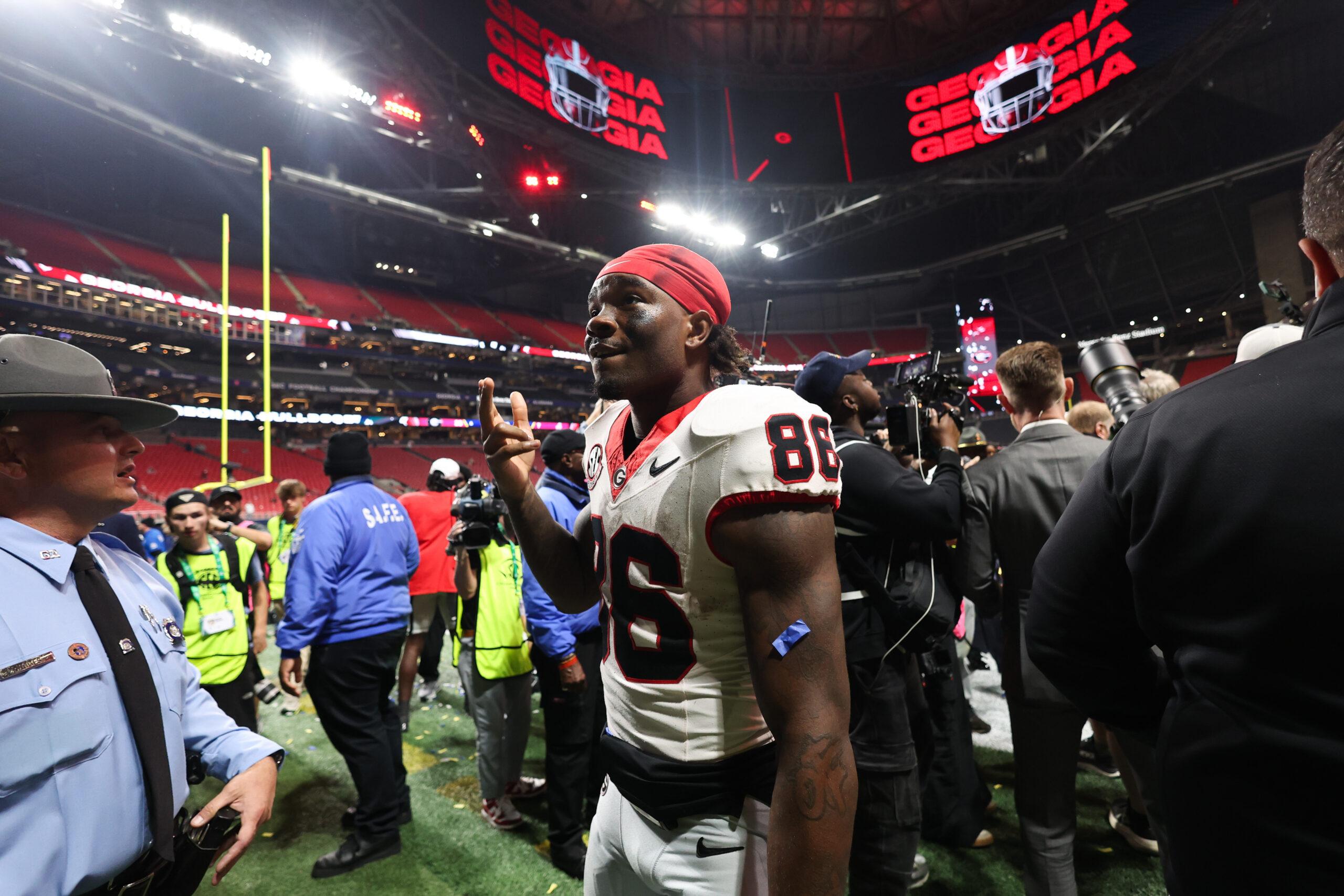 Georgia Bulldogs wide receiver Dillon Bell looks on after the SEC Championship Game against Alabama at Mercedes-Benz Stadium.