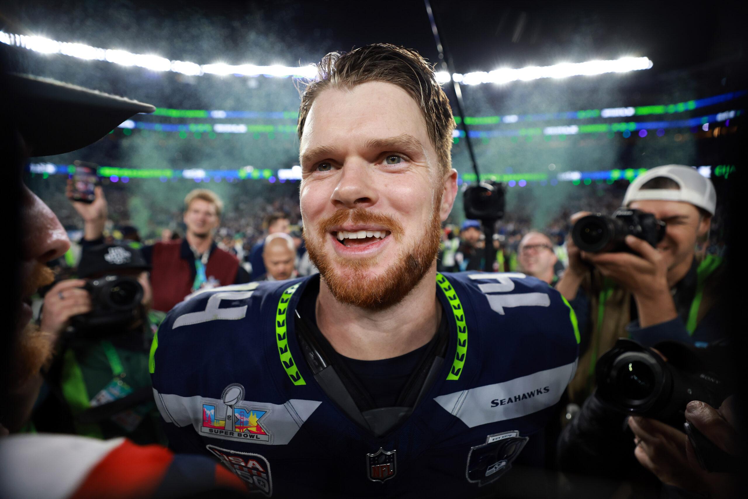 Seahawks QB Sam Darnold winning the Super Bowl in Feb 2026